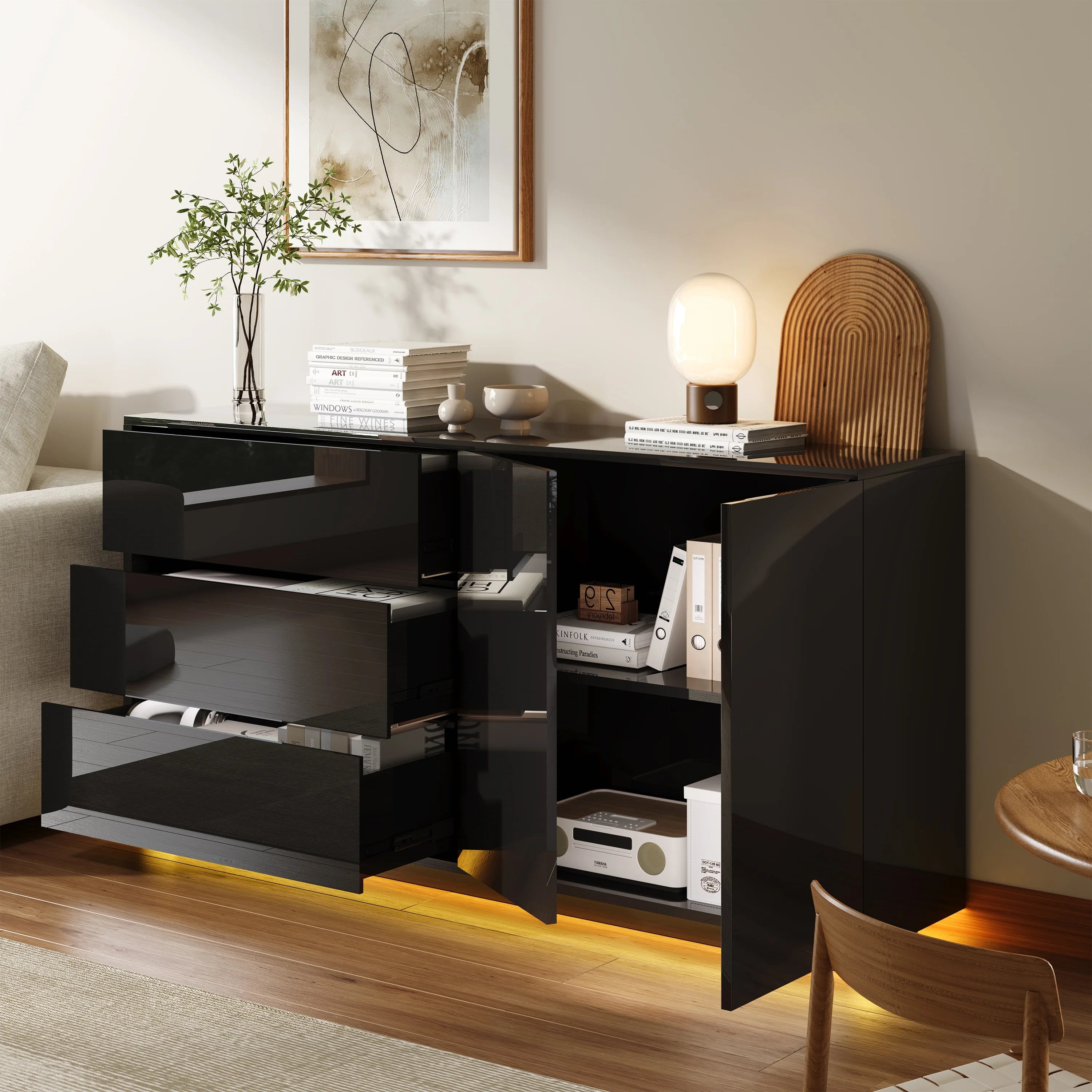 Hoogglans Buffetkast met LED Verlichting – Modern Dressoir met Opbergruimte