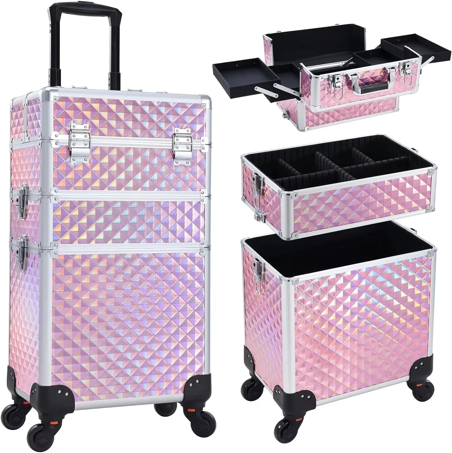 Rollende Make-up Koffer 3-in-1 – Professionele Cosmetica Trolley met Wieltjes, Slot en Afneembare Koffer – Beauty Organizer voor Salon en Reizen