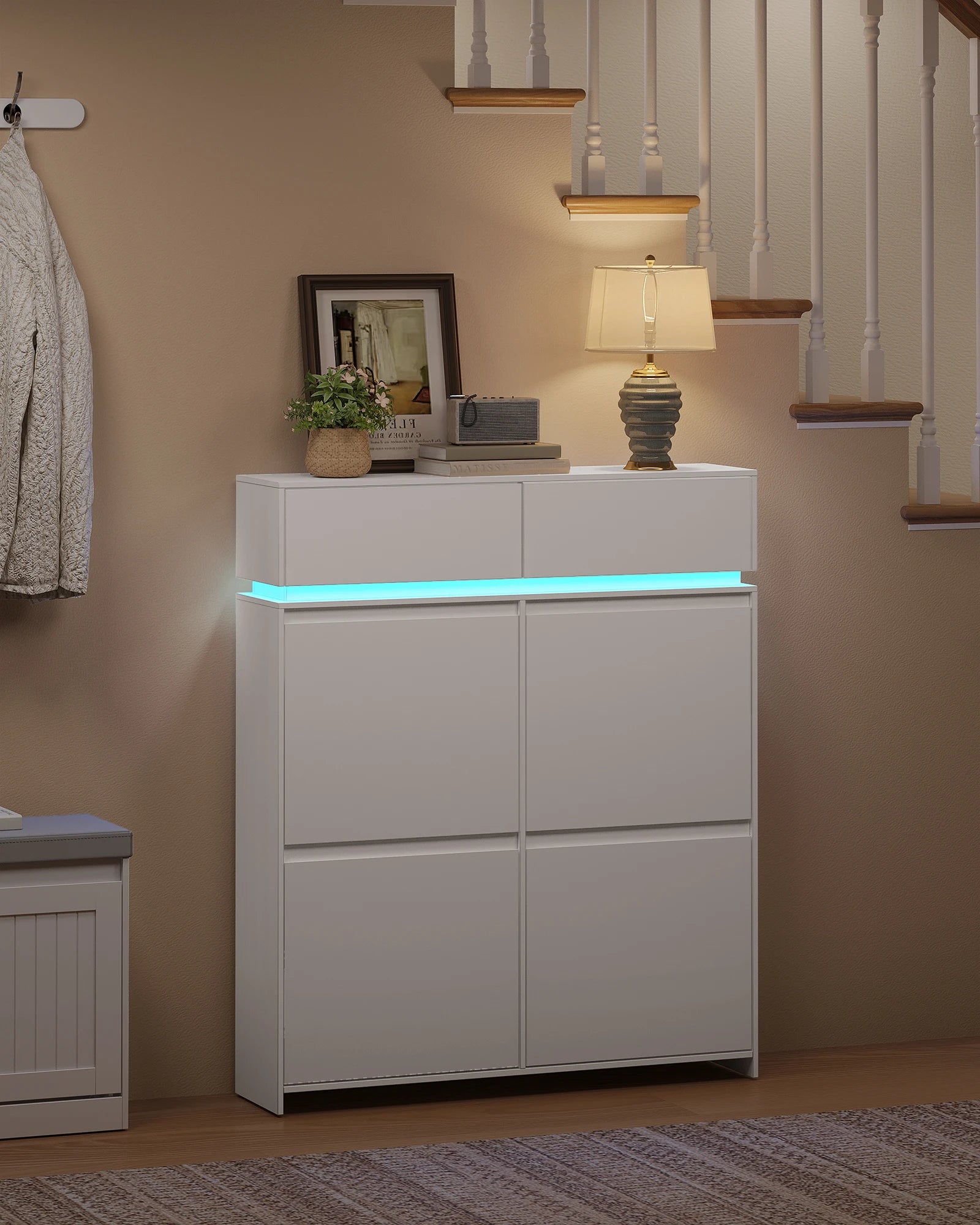 Schoenenkast Smal met LED Verlichting – Schoenenrek met 4 Kleppen & Lades – Ruimte voor 20 Paar – Modern Wit Halmeubel