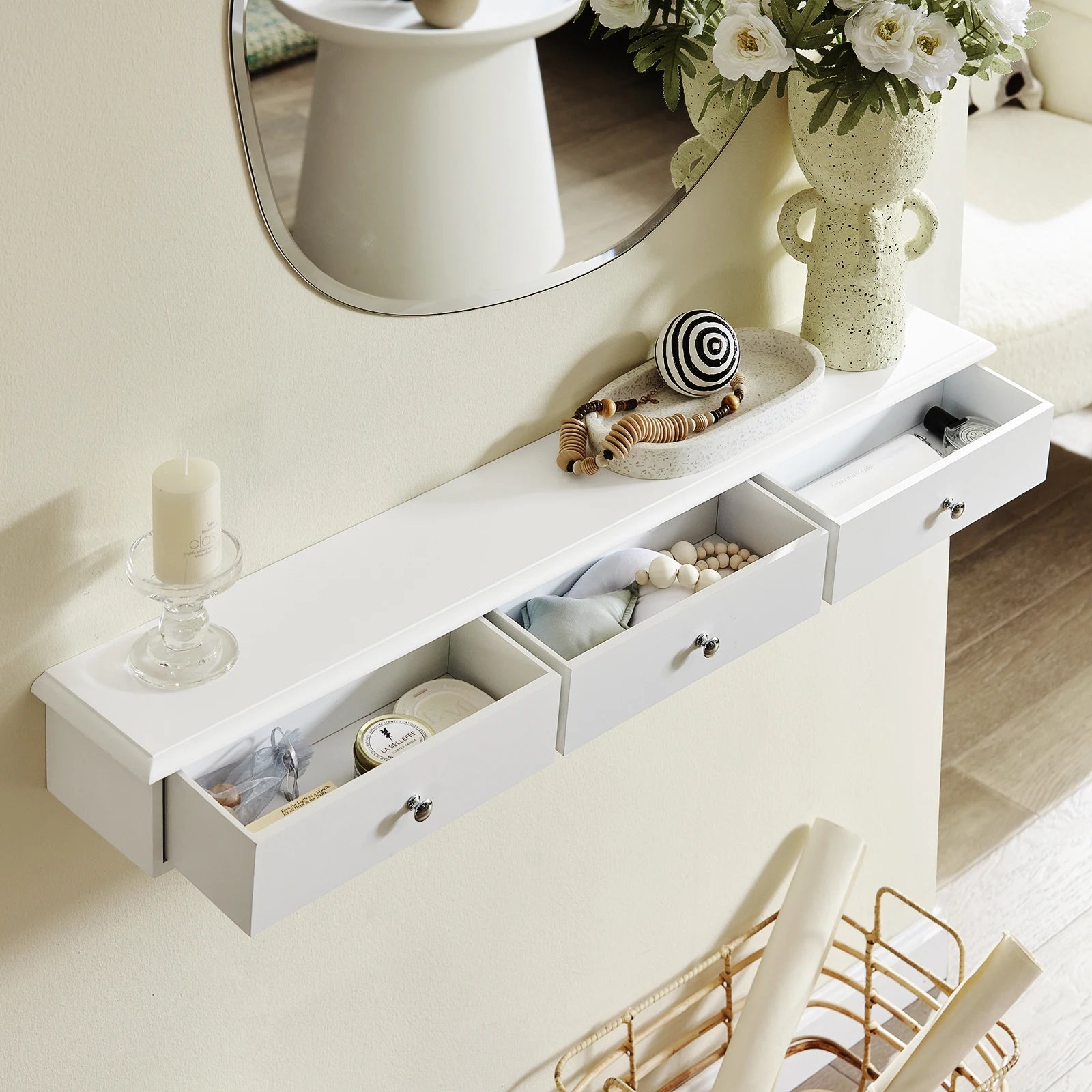 Smalle wandkast met 3 lades – Wandmeubel opbergruimte voor hal, badkamer & woonkamer
