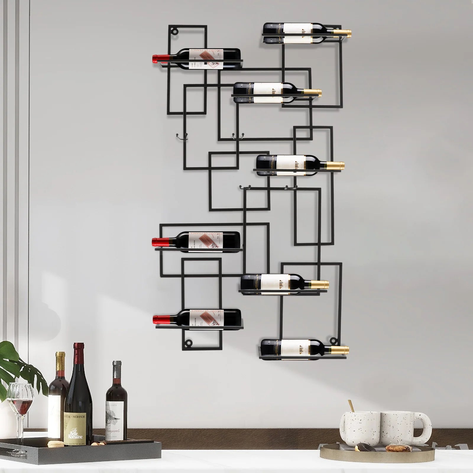 Wand Wijnrek Metaal Zwart – Modern Geometrisch Design – Wijnrek voor 10 Flessen – Industrieel & Luxe Wanddecoratie