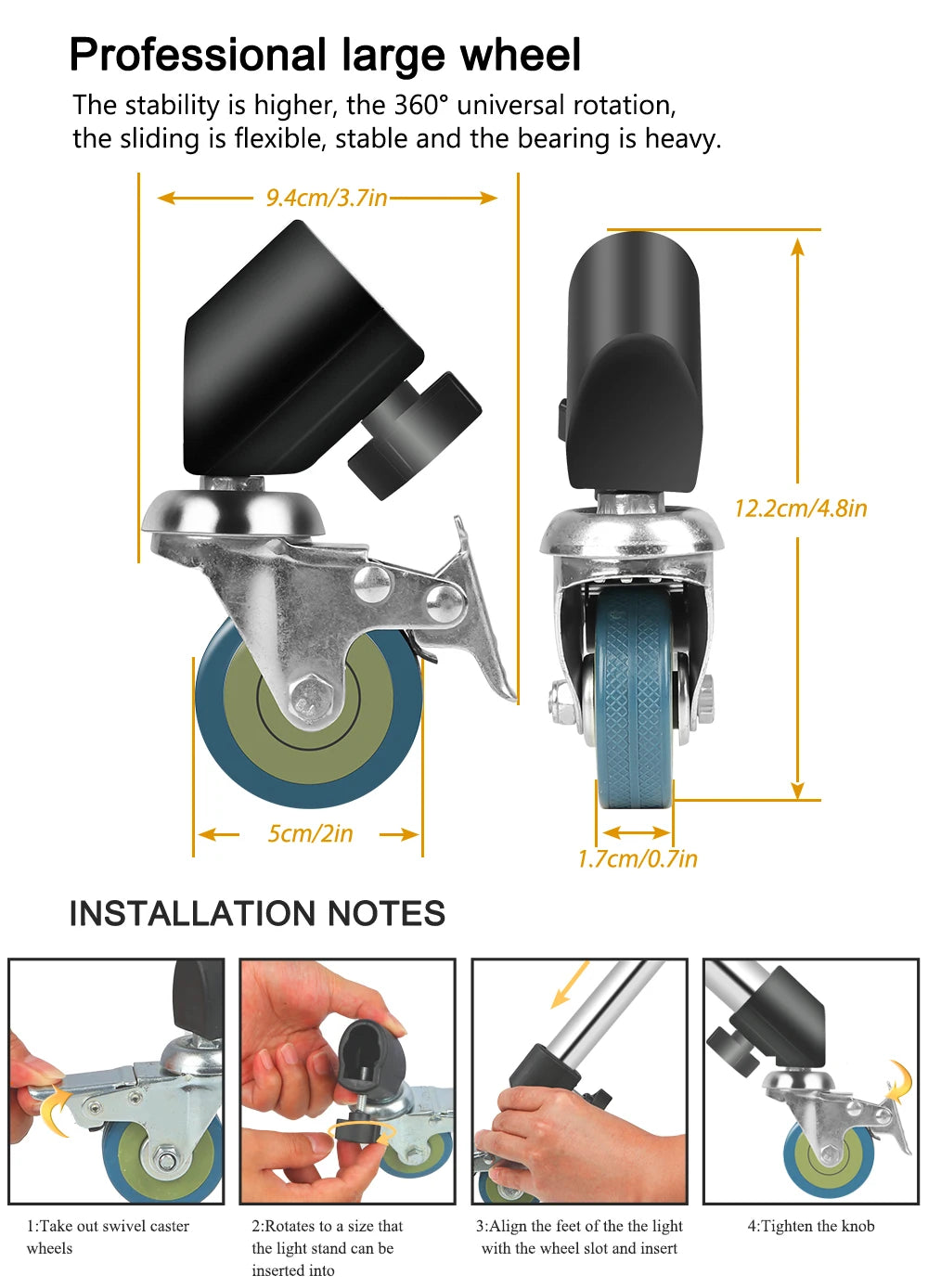 3x C-Stand Zwenkwielen 25mm – Vergrendelbare Wielen voor Lichtstatief en Magic Arm – Fotografie Accessoires