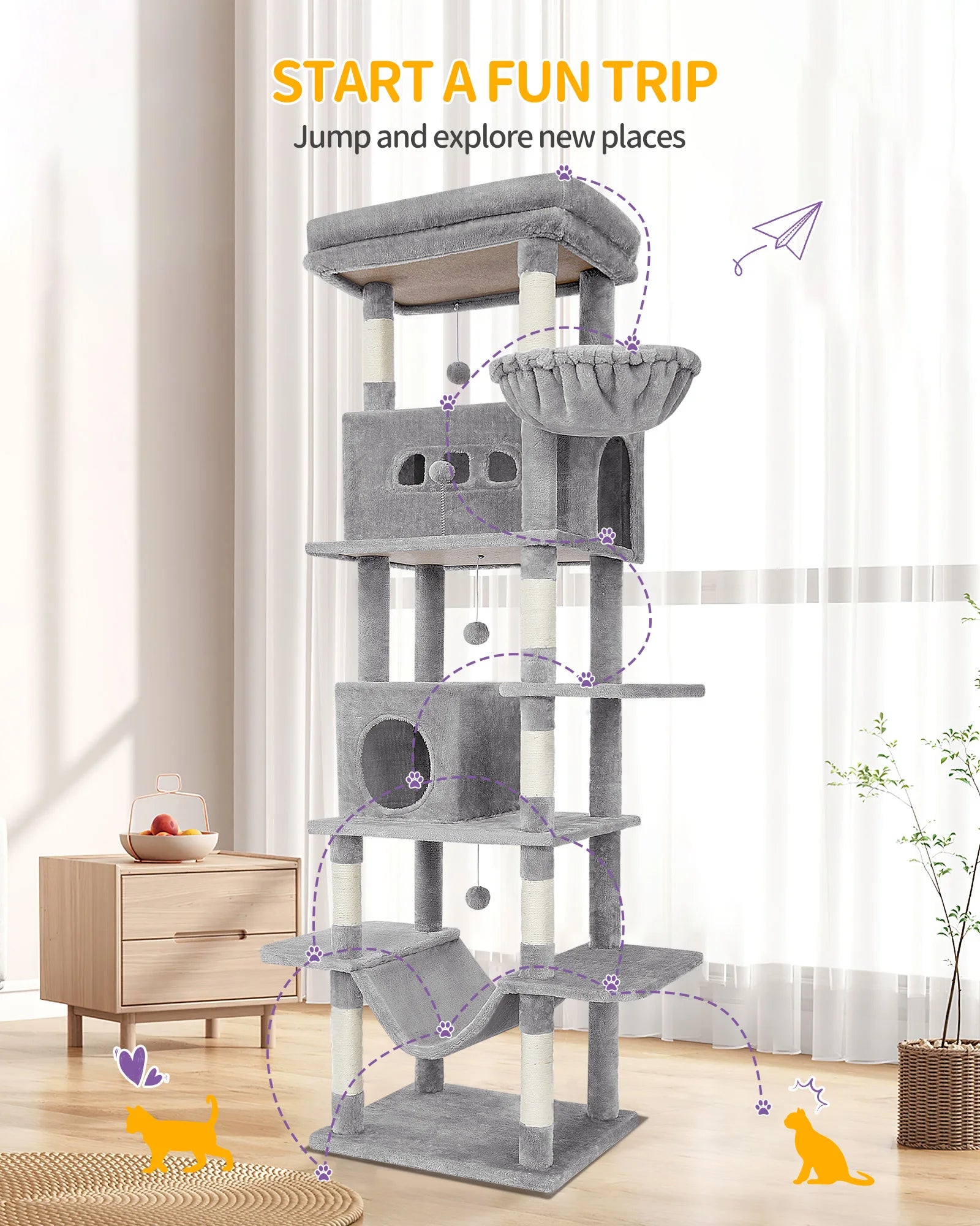 210 cm Grote Krabpaal Kattenboom – Luxe Multi-Level Kattenhuis met Krabpalen, Hangmat & Speelgoed voor Grote en Meerdere Katten