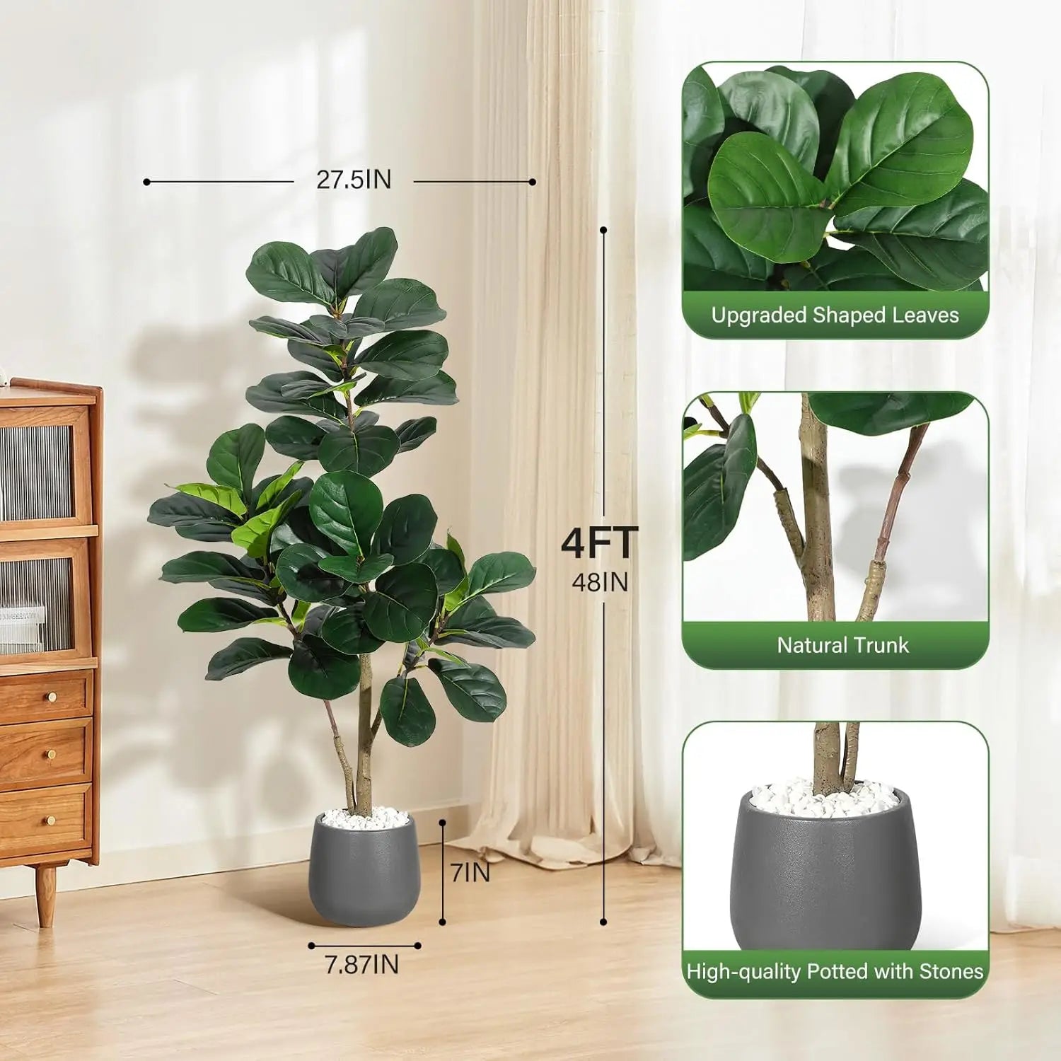 Kunstmatige Ficus Lyrata (Vioolbladplant) 120–210 cm met Witte Pot – Realistische Nep Plant voor Woonkamer & Kantoor