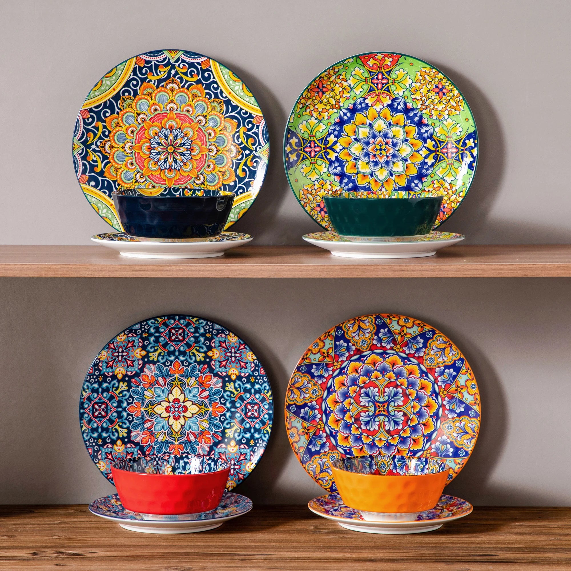 Boheemse 12-delige Keramische Servies Set – Porselein Dinerborden, Dessertborden & Kommen – Boho Servies met Bloemen Design