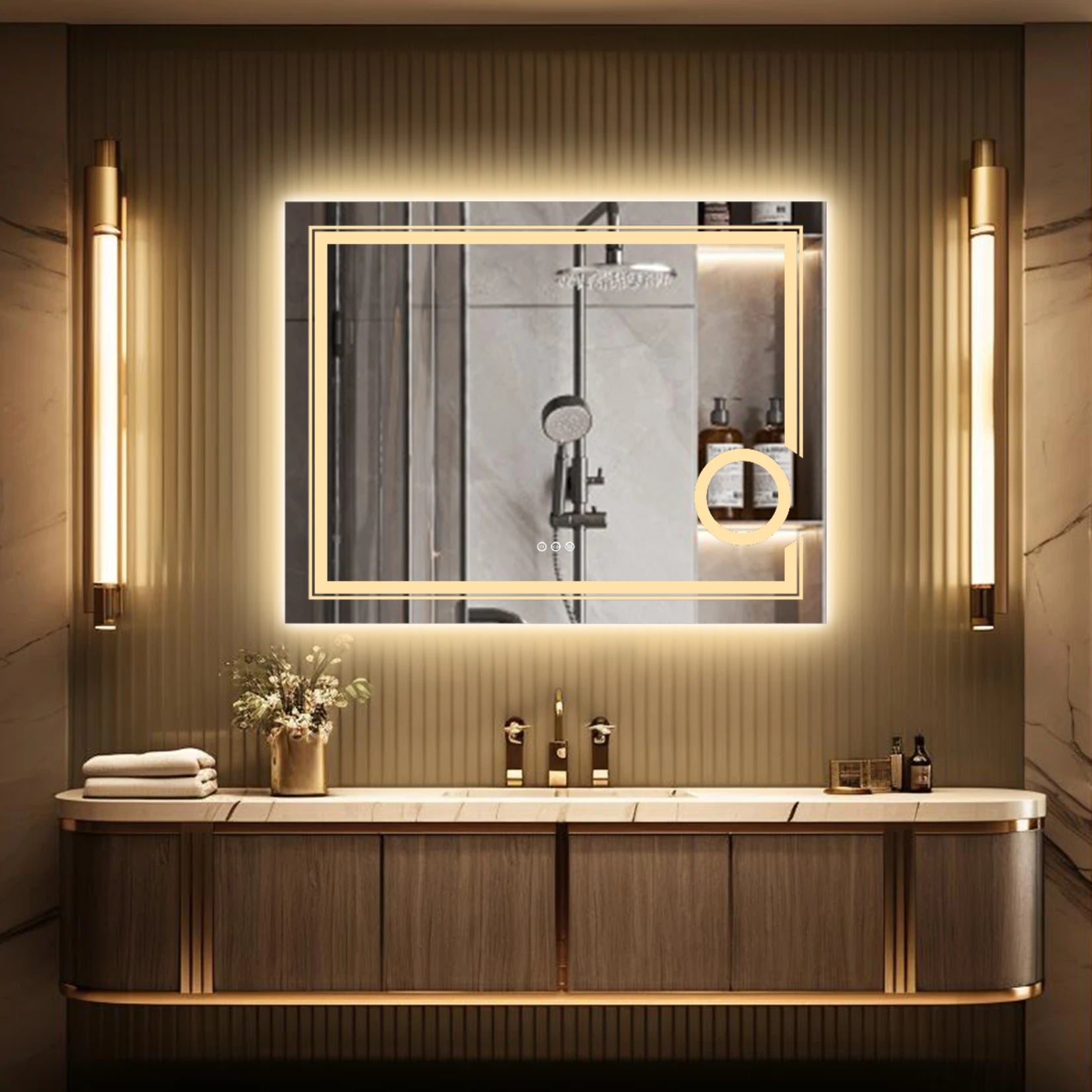 Moderne LED Badkamerspiegel 60×45 cm – Dimbare Verlichting, Anti-Condens & Touch Bediening – Wandspiegel met Verlichting en 3x Vergrootglas