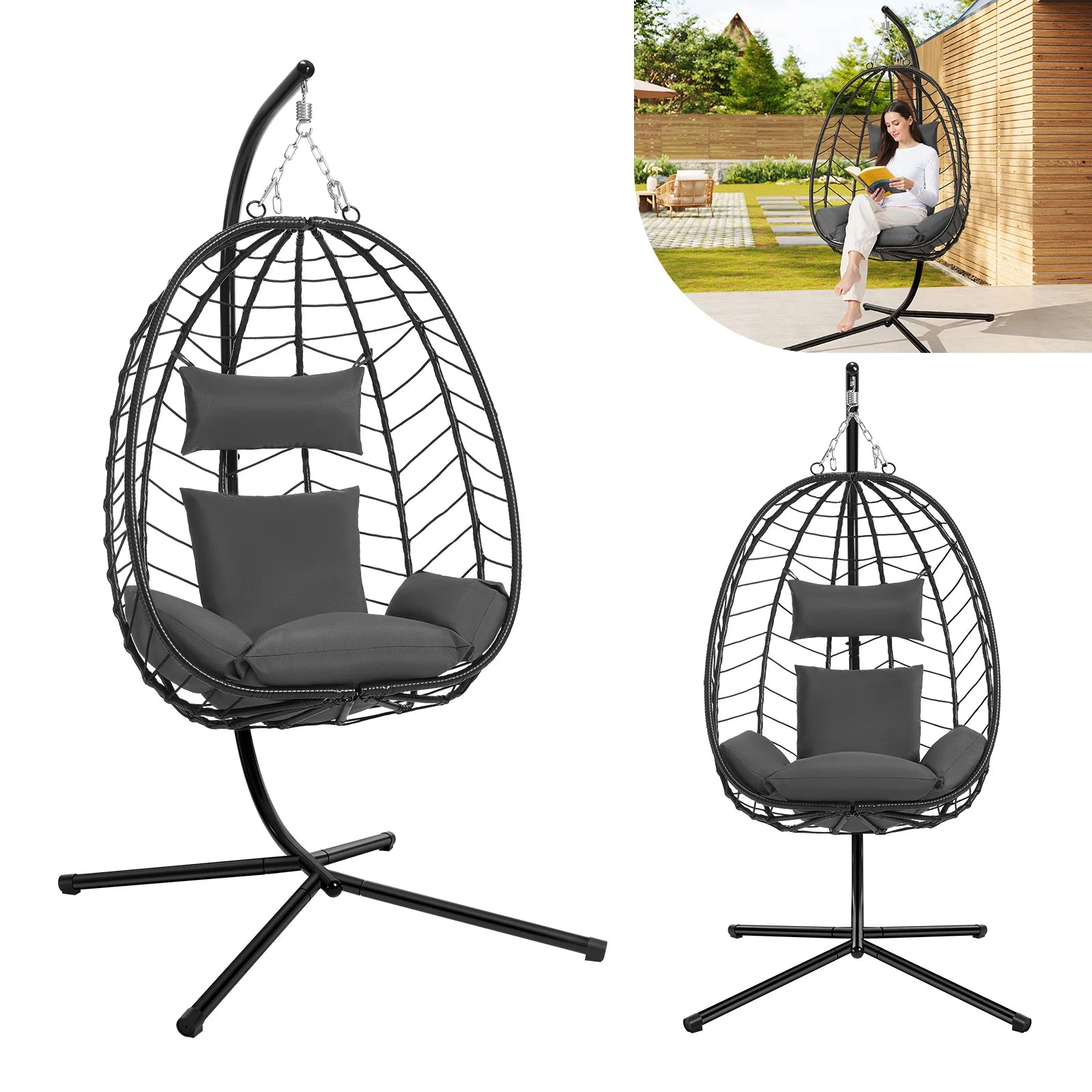 Egg Chair Hangstoel met Standaard – Schommelstoel voor Tuin, Balkon & Woonkamer – Inclusief Kussen en Hoofdsteun – Belastbaar tot 150 kg