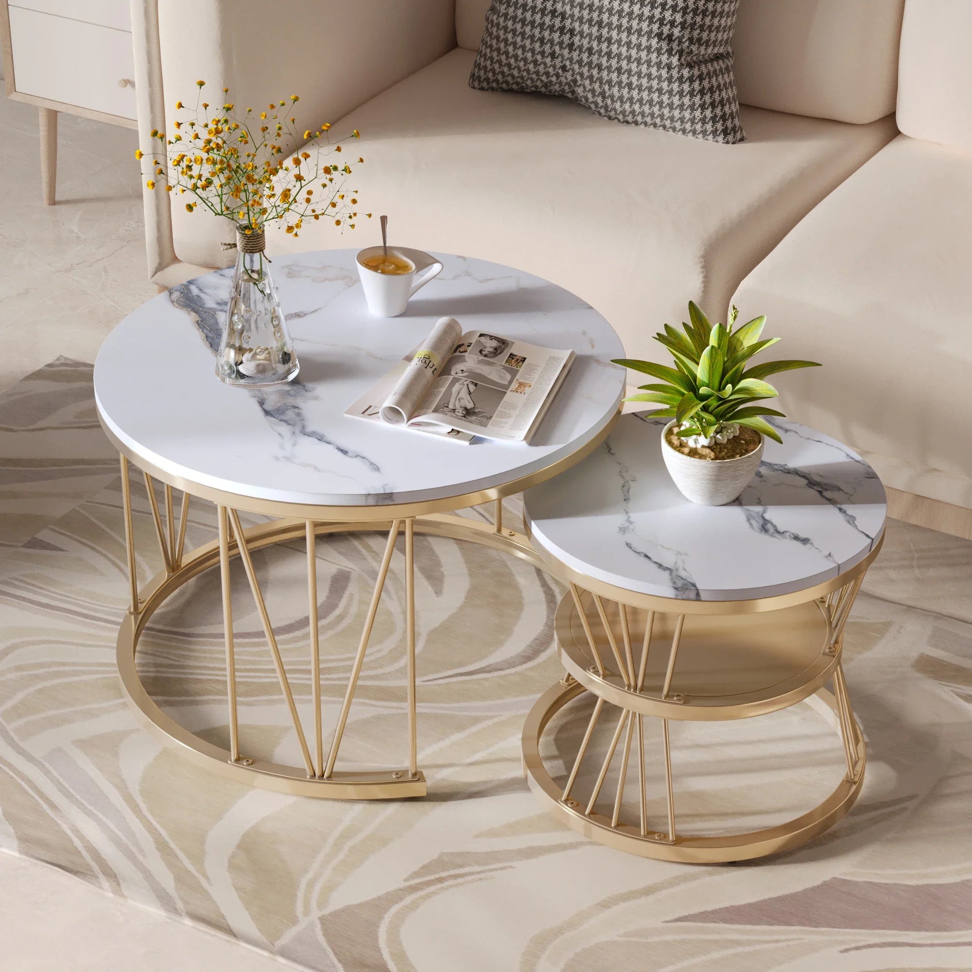 Set van 2 Ronde Marmeren Koffietafels – Goud/Wit – Luxe Salontafel Set