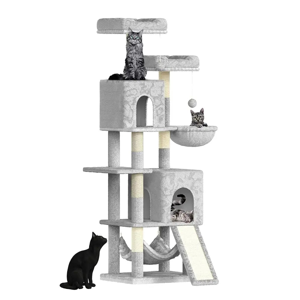 Katten Krabpaal 158 cm – Grote Kattenboom met 2 Huisjes, 2 Hangmatten & 7 Sisal Krabpalen – Luxe Klimtoren voor Binnenkatten