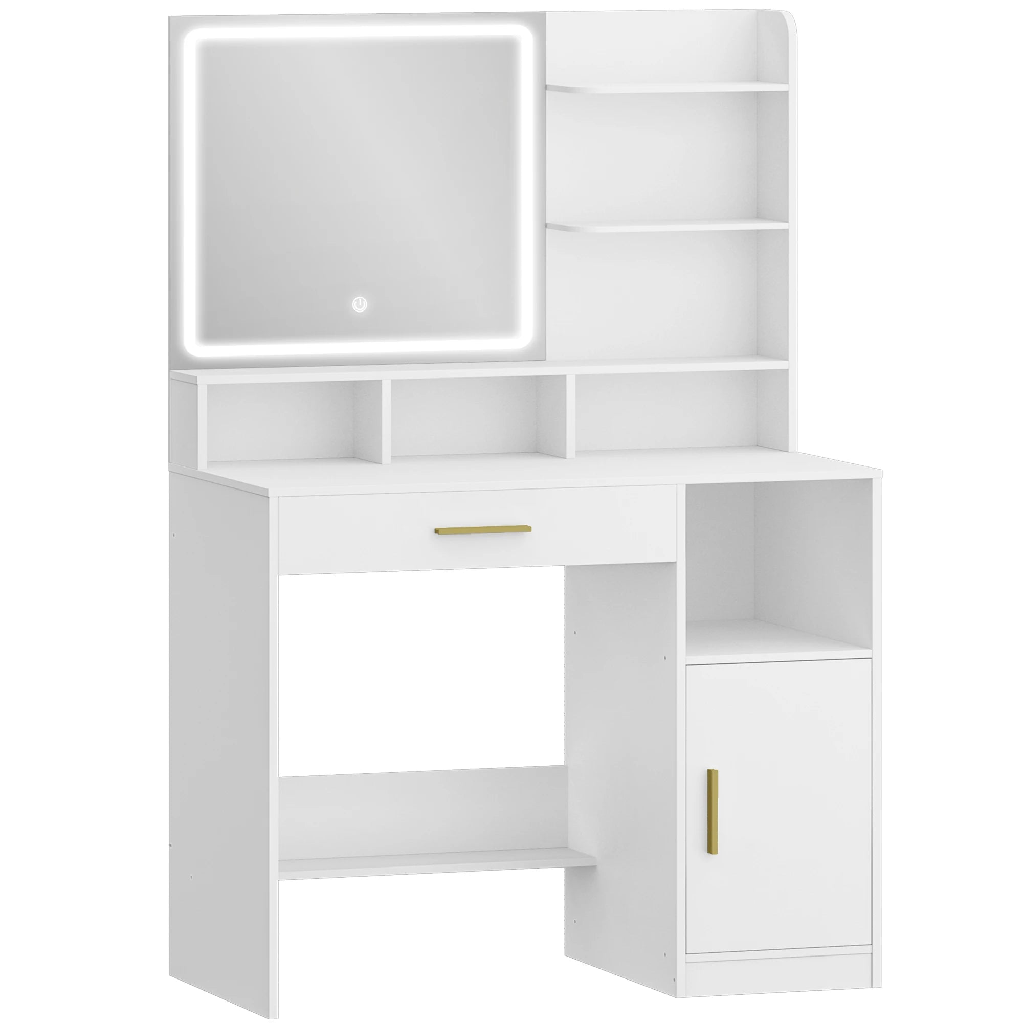 Kaptafel met Spiegel en LED Verlichting – Moderne Make-up Tafel met Lades, Opbergruimte en Kast – Witte Dressing Table met Verstelbaar Licht