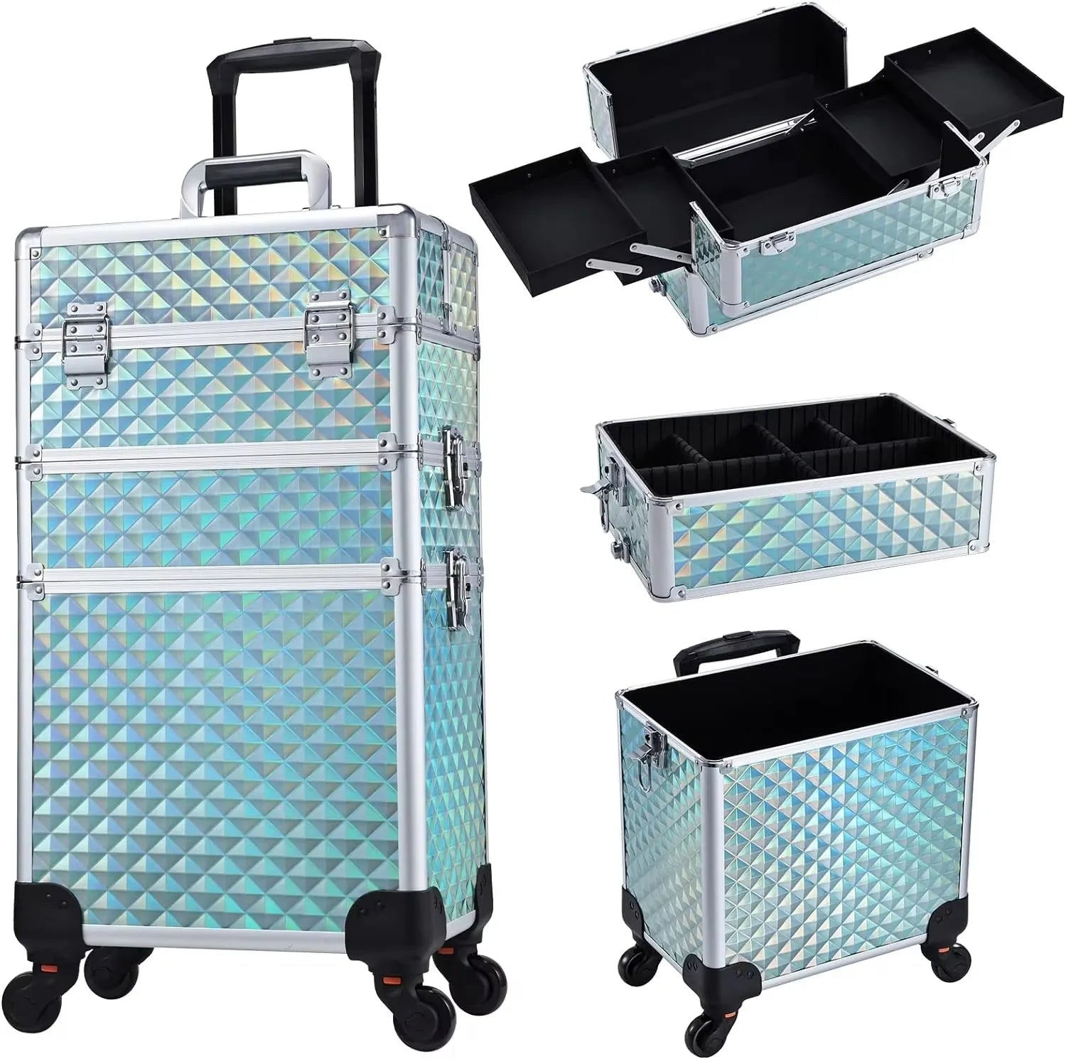 Rollende Make-up Koffer 3-in-1 – Professionele Cosmetica Trolley met Wieltjes, Slot en Afneembare Koffer – Beauty Organizer voor Salon en Reizen
