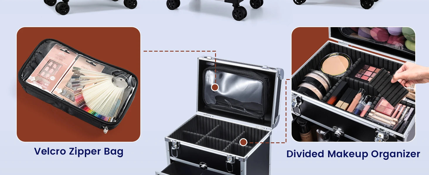 Professionele Cosmetica Trolley met Slot – Grote Make-up Train Case met Lades en Wielen – Duurzaam PVC Organizer voor Visagisten en Make-up Lovers