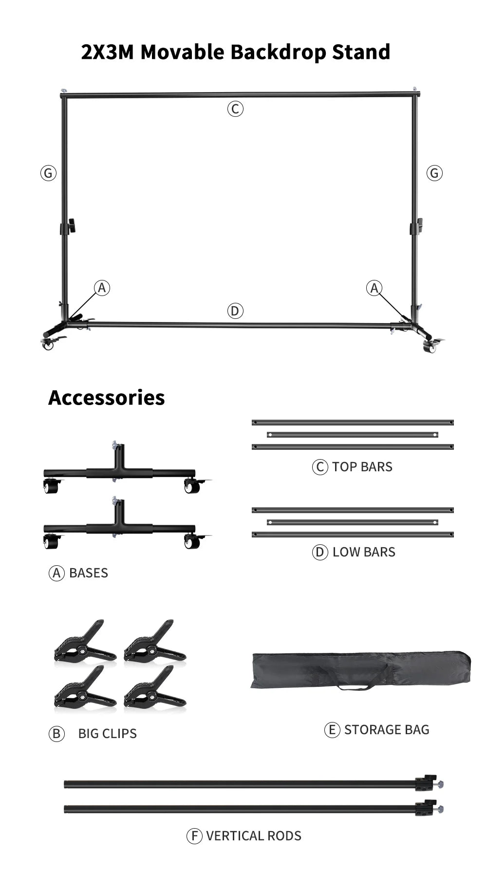 Moderne Achtergrondstandaard 2x3m – Verstelbaar Frame met Wielen en Visklemmen voor Fotostudio