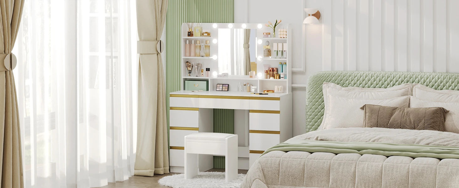 Kaptafel met LED Verlichting en Spiegel – Moderne Make-up Tafel met 10 Lampen, 9 Laden en Opbergruimte – Wit Goud Design