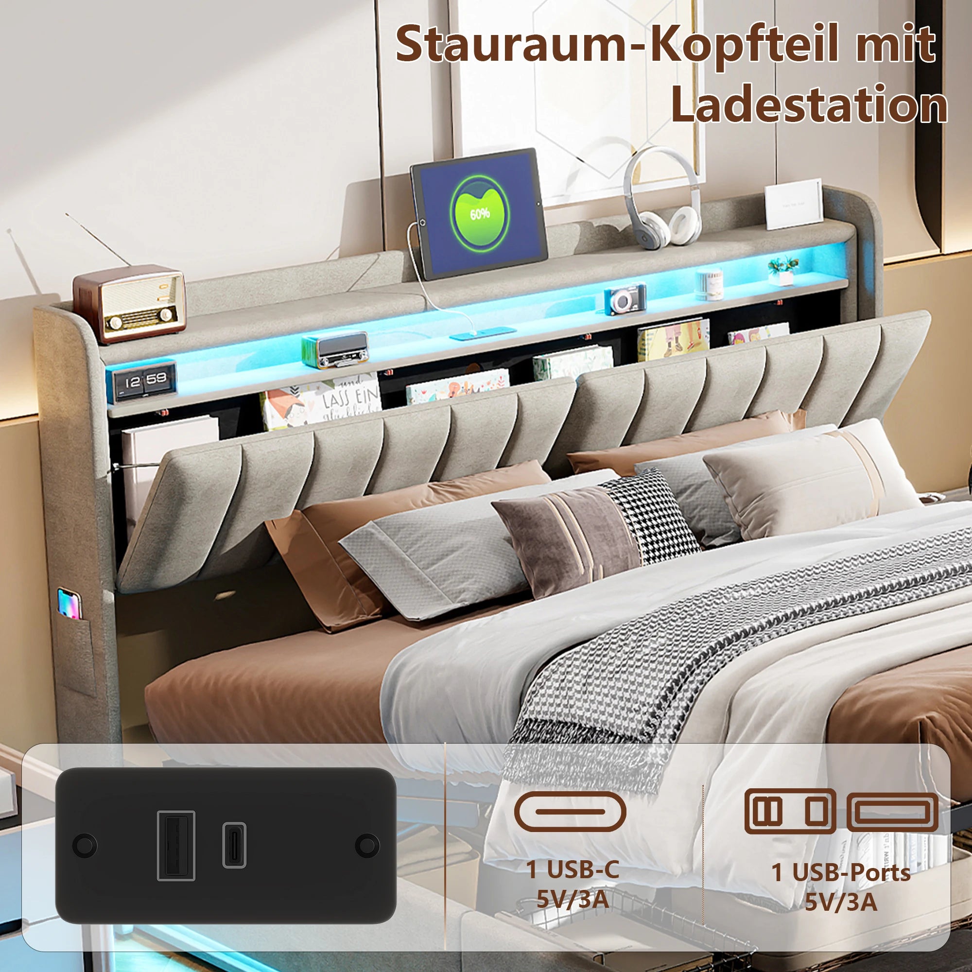 Tweepersoonsbed met geïntegreerde LED‑verlichting, USB‑oplaadfuncties en opbergruimte – Modern en functioneel bedframe