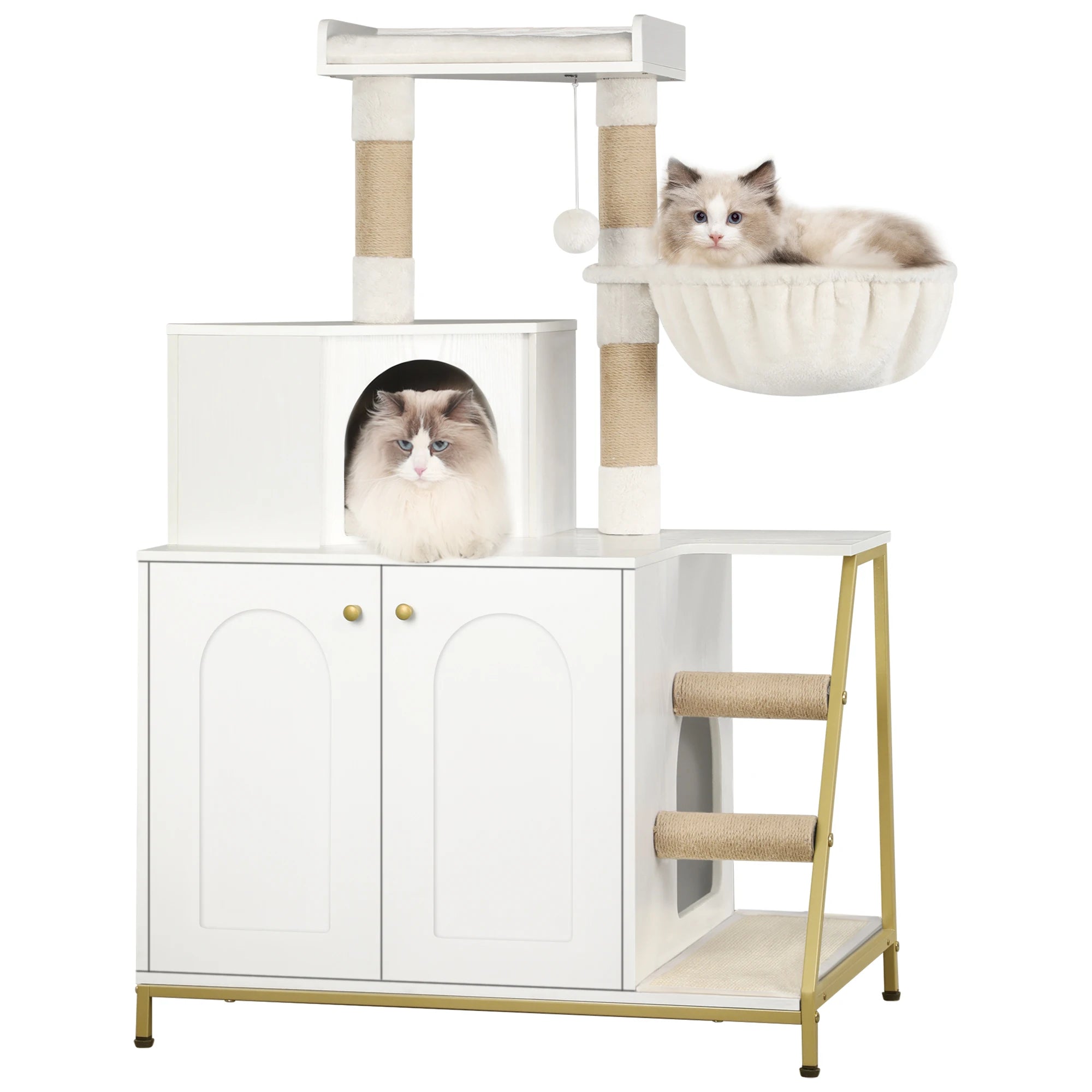 Kattenmeubel met Kattenbak Kast – 4-in-1 Kattenboom met Krabpaal, Platform en Kattenhuis – Modern Design met Sisal Krabmat