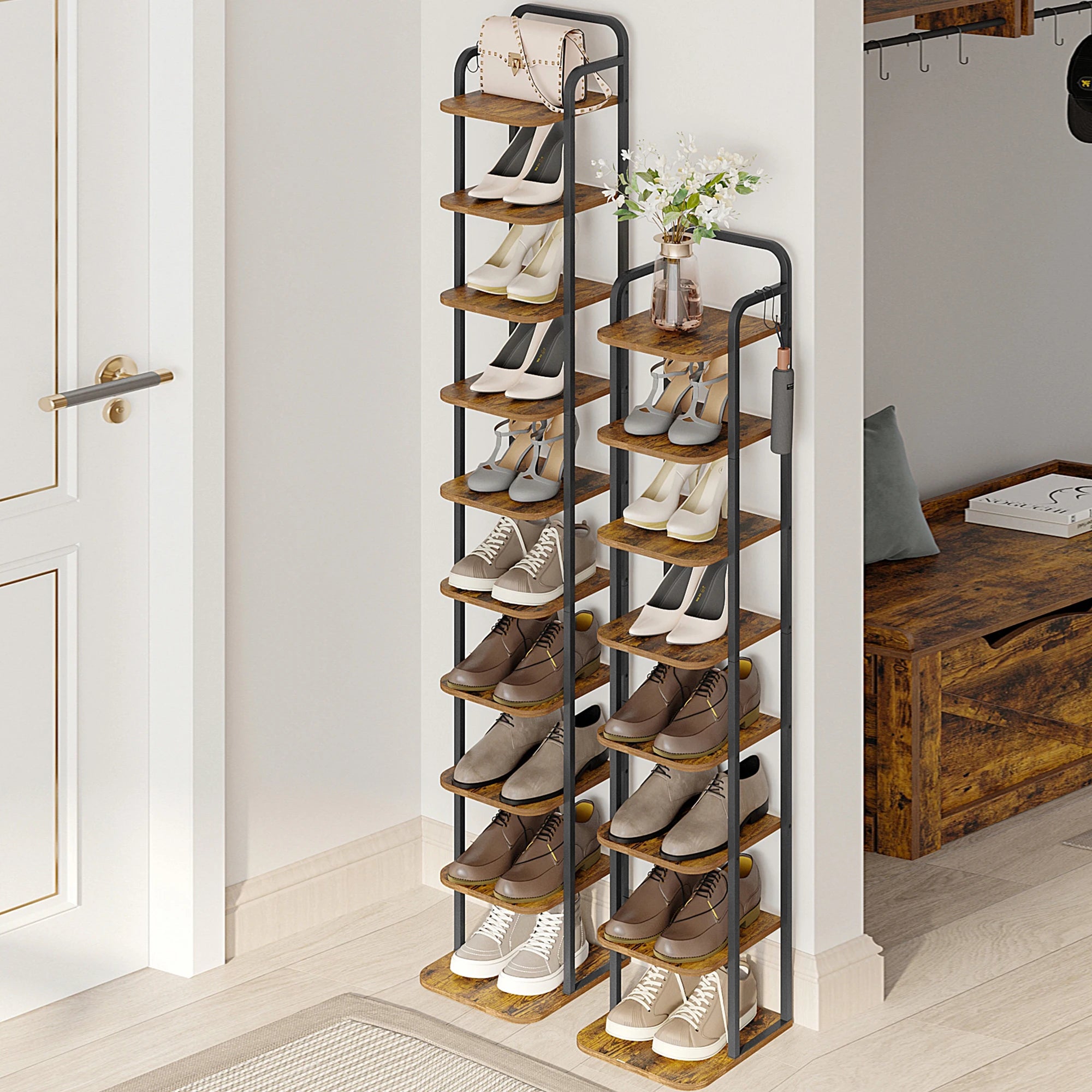 Smalle Schoenenrek 10 Lagen – Verticale Schoenenkast van Hout & Metaal – Ruimtebesparend Schoenenrek voor Hal, Slaapkamer en Kleine Ruimtes
