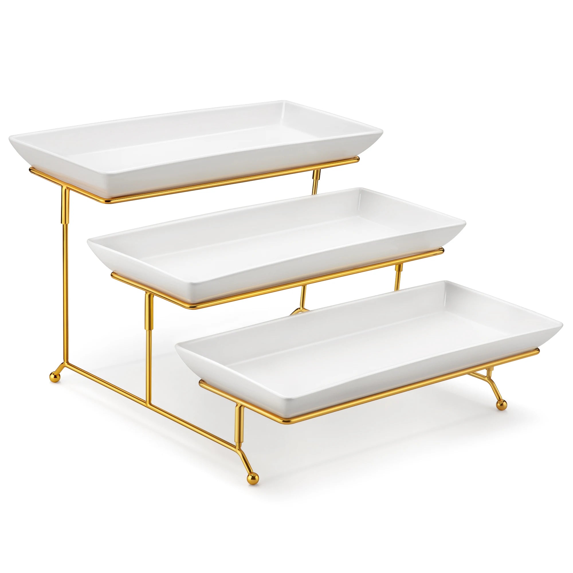 3-Laags Porseleinen Serveerschaal met Gouden Rand – Luxe Etagère voor High Tea, Buffet & Feest