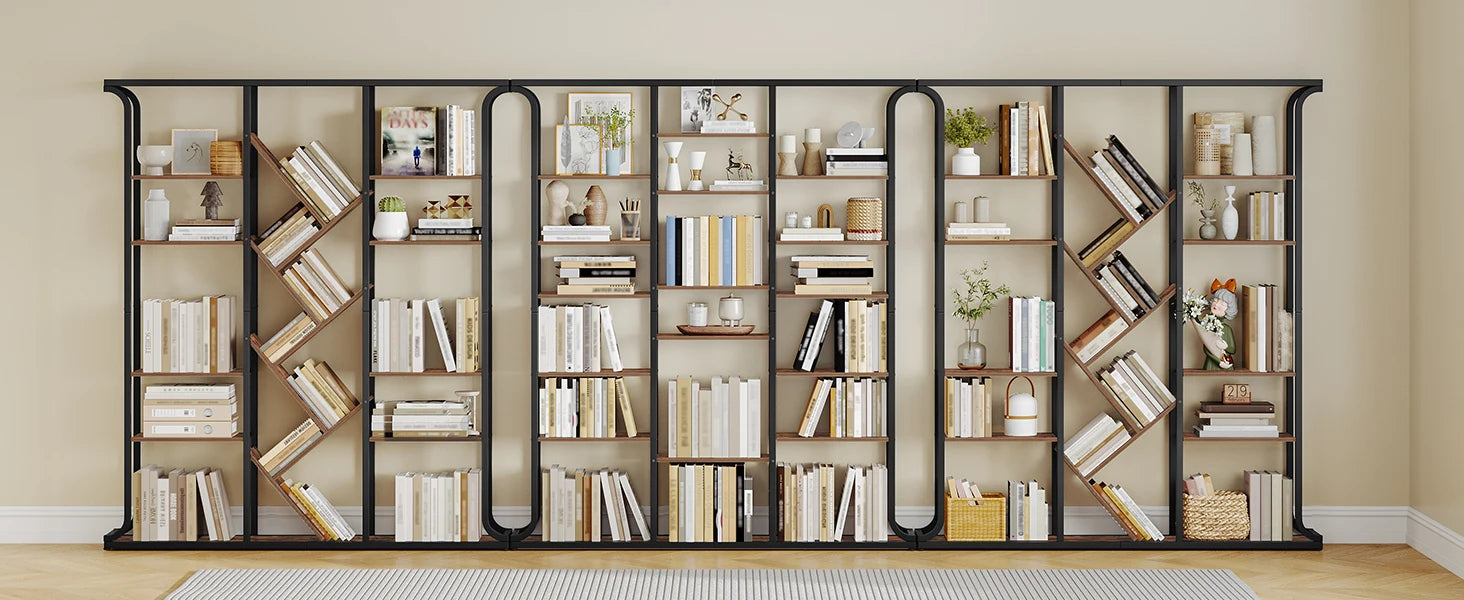 Boomvormige Boekenkast 6 Niveaus – Industriële Open Kast met 17 Vakken – Moderne Houten Boekenkast voor Woonkamer en Kantoor