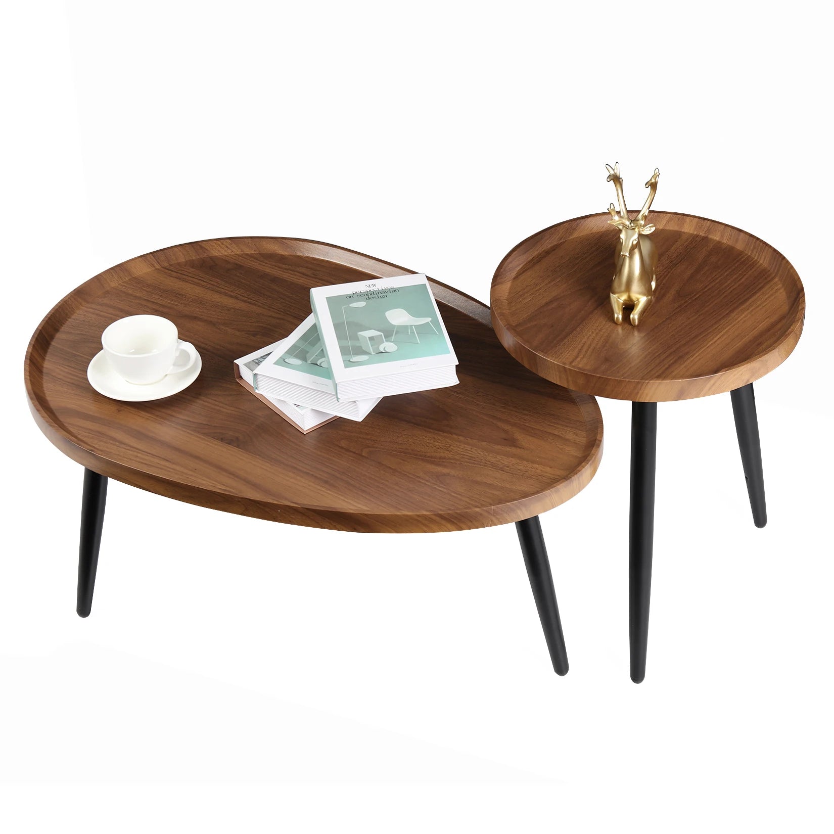 Moderne Set van 2 Ronde Salontafels – Nesting Bijzettafels met Houtlook Blad en Zwarte Metalen Poten – Industriële Salontafel Set