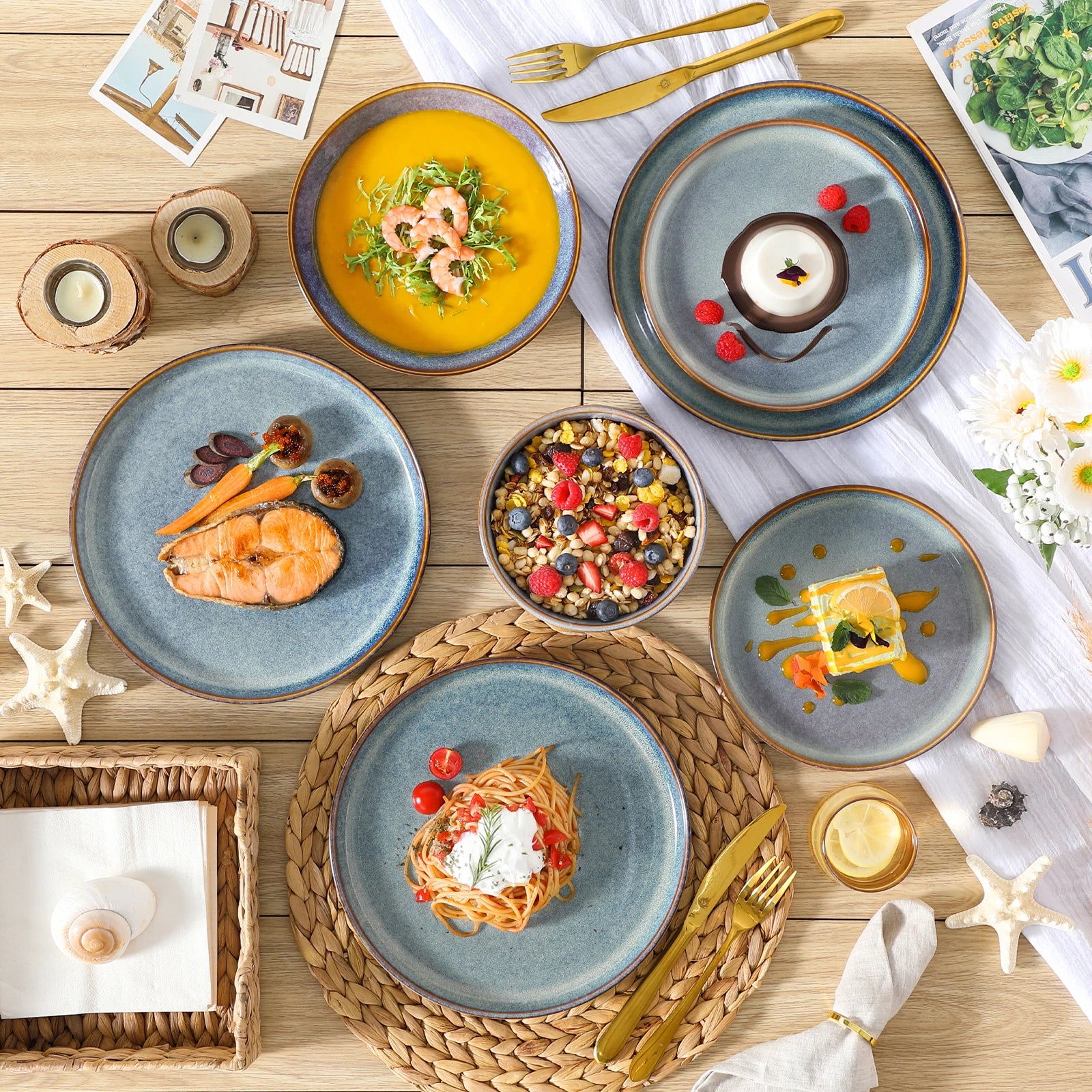 Serviesset 12-24 Delig Grijs-Blauw – Keramiek Aardewerk Servies met Reactief Glazuur voor 4-12 Personen