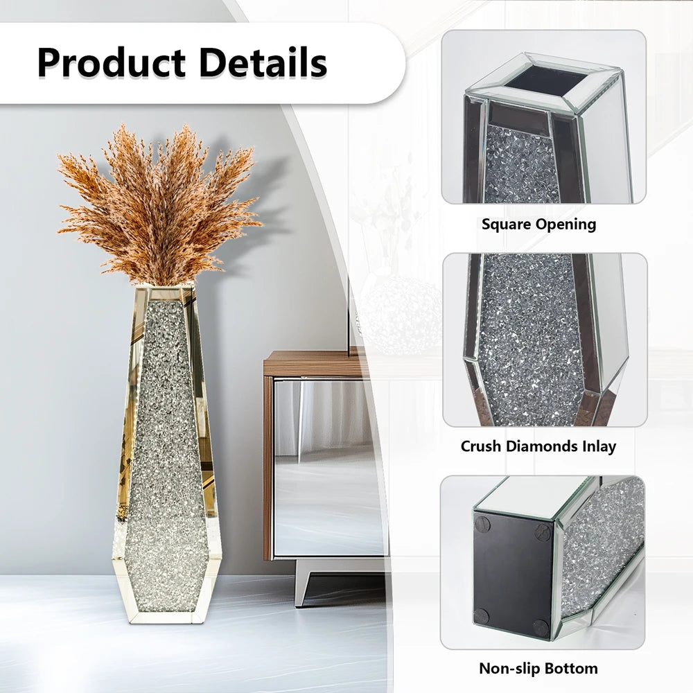 Luxe Zilveren Vloervaas met Diamant Design – Grote Glazen Kristal Bloemenvaas – Modern & Hotel Chique Interieur
