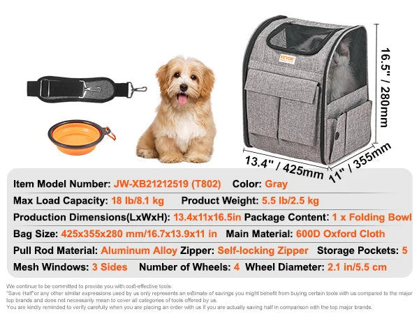Opvouwbare Reismand voor Kat & Hond met Wieltjes – Comfortabele Trolley Draagtas tot 15,8 kg