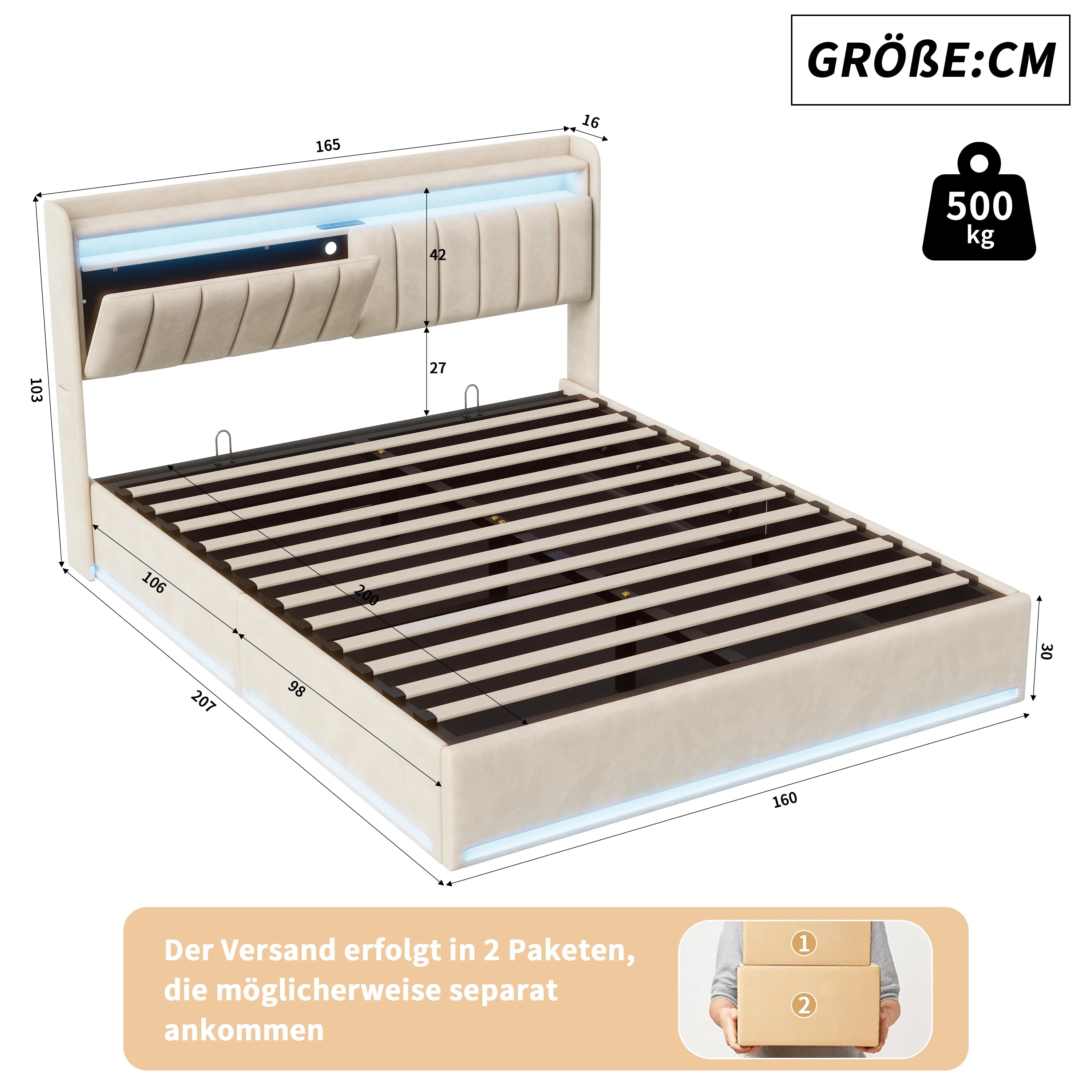 Tweepersoonsbed met geïntegreerde LED‑verlichting, USB‑oplaadfuncties en opbergruimte – Modern en functioneel bedframe