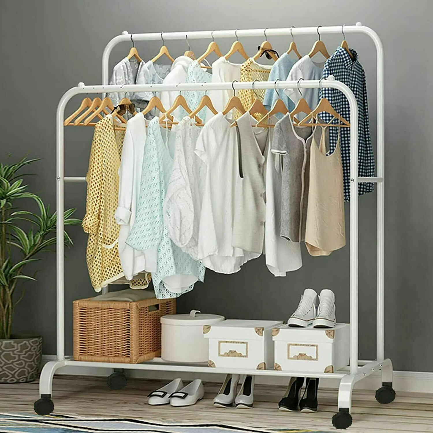 Heavy Duty Kledingrek op Wielen – Dubbele Stangen met Opbergrek voor Slaapkamer, Wasruimte en Winkel
