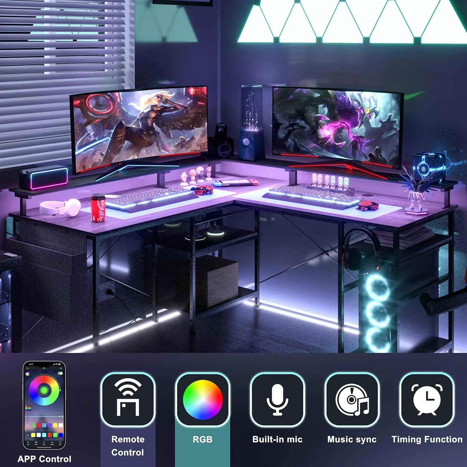 L-vormige Computerbureau met Opbergruimte, USB & LED RGB – Gaming en Kantoor Bureau Zwart/Grijs