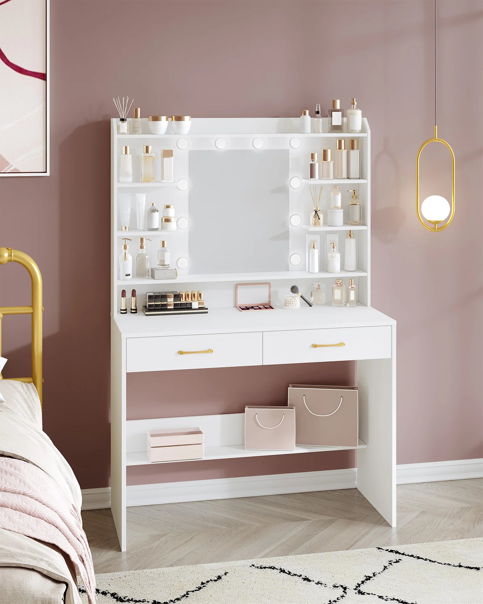 Moderne Witte Kaptafel met Spiegel, Planken en 2 Lades – Kaptafel voor Slaapkamer met Instelbare Verlichting
