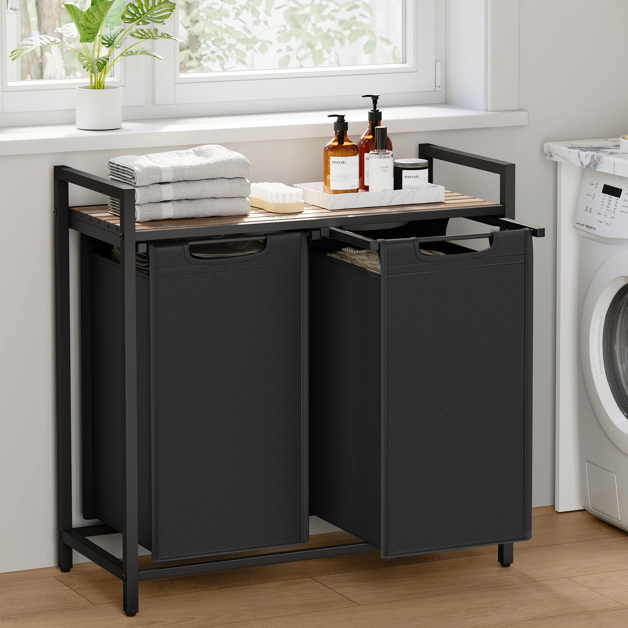 Grote Dubbele Wasmand met 2 Vakjes - 92 L - Stevig Frame & Afneembare Waszakken
