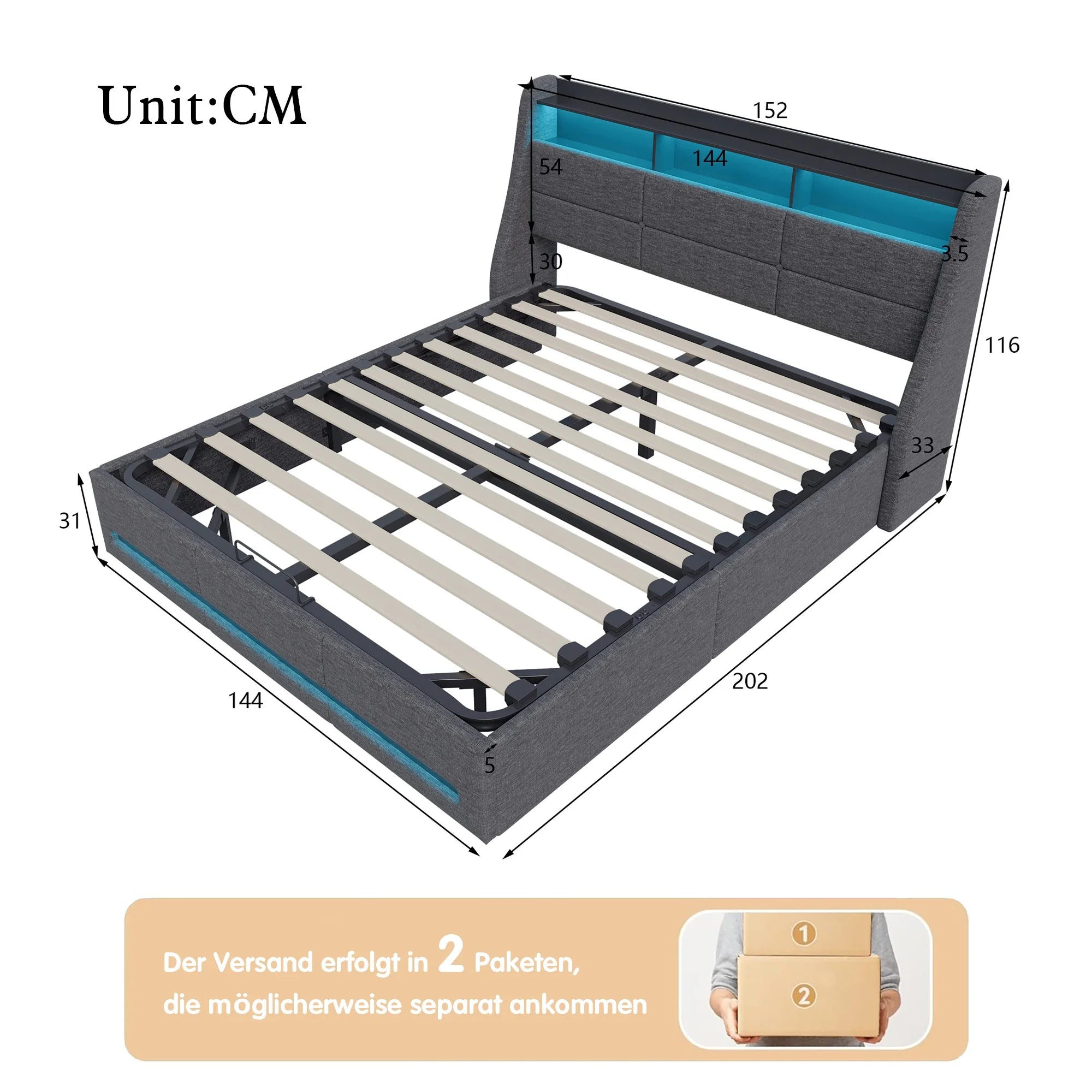 Gestoffeerd tweepersoonsbed 140/160x200 cm met LED‑hoofdeinde, USB‑oplaadfunctie en hydraulische opbergruimte