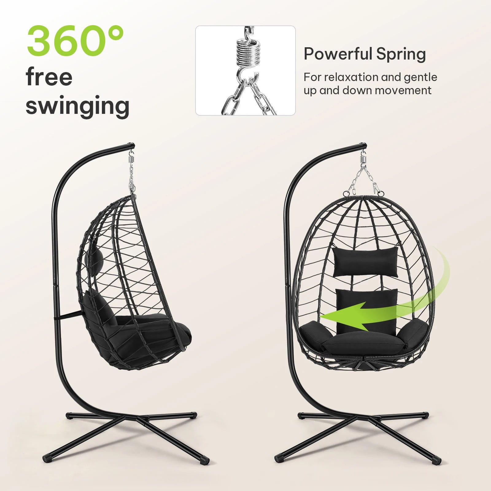 Egg Chair Hangstoel met Standaard – Schommelstoel voor Tuin, Balkon & Woonkamer – Inclusief Kussen en Hoofdsteun – Belastbaar tot 150 kg