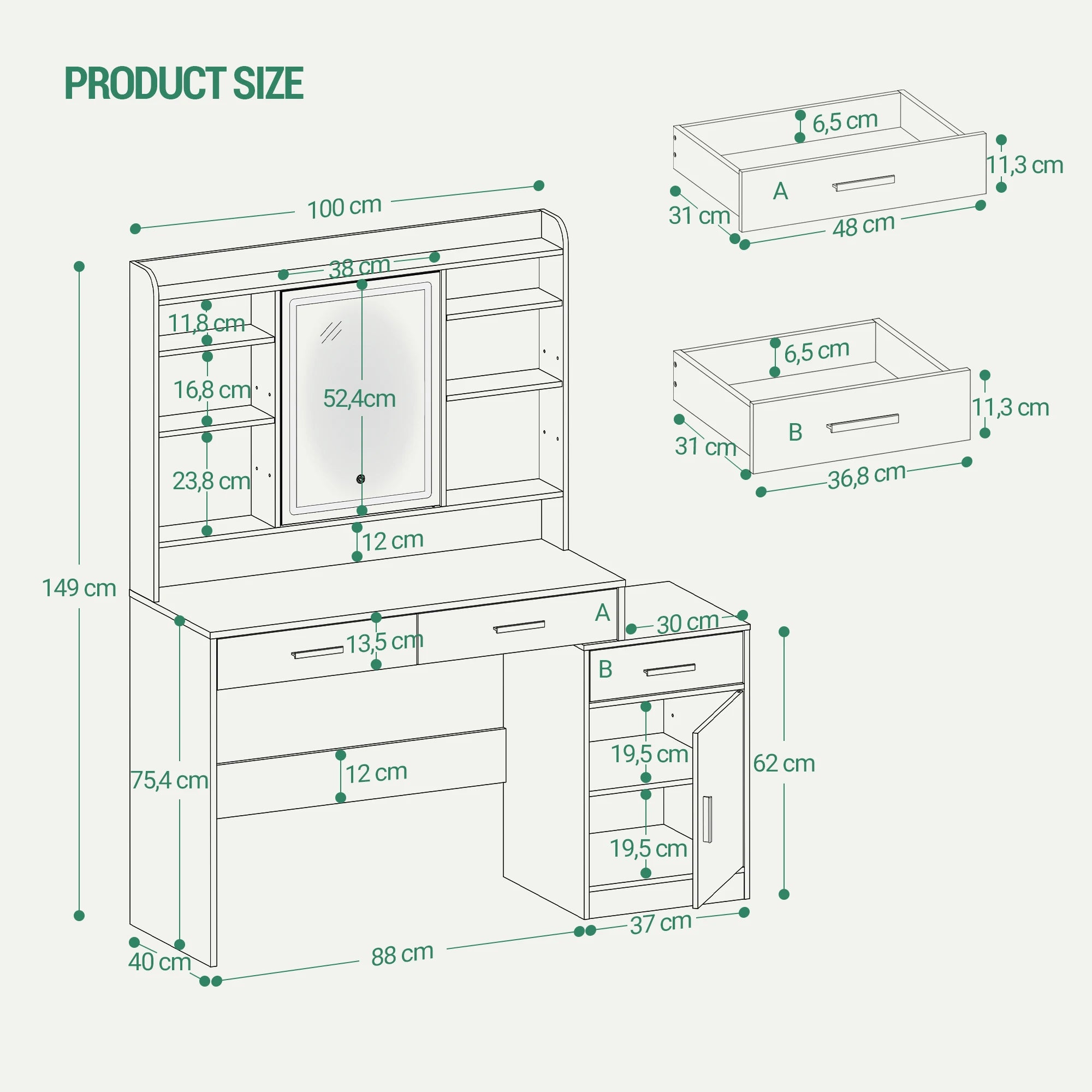 Kaptafel met LED Spiegel en Opbergruimte – Moderne Make-up Tafel met 3 Laden, Kast en Schappen – Witte Dressing Table voor Slaapkamer