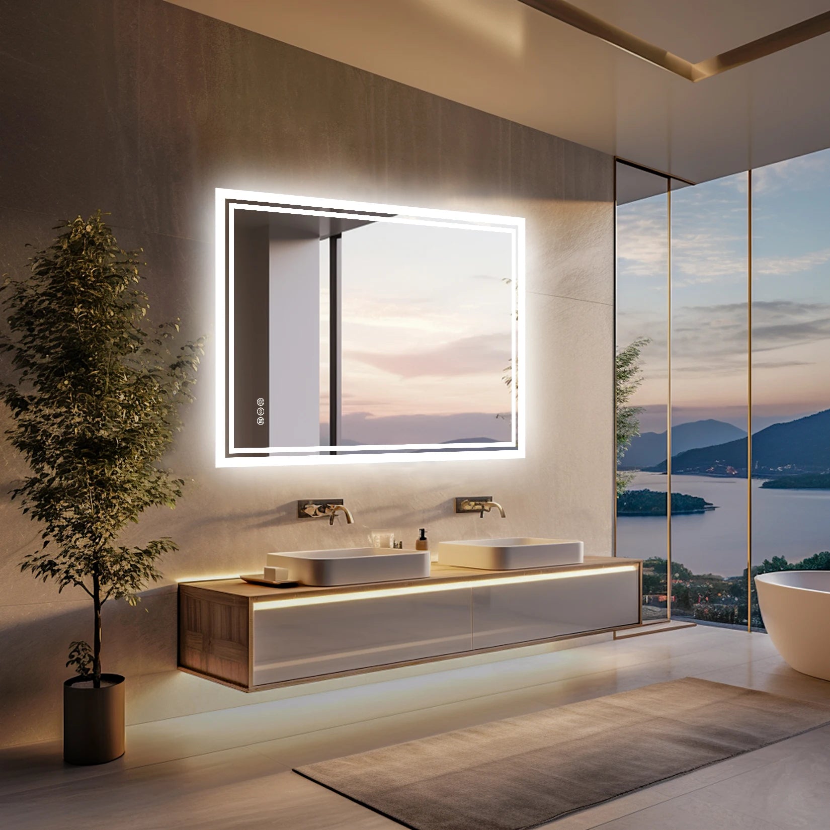 LED Badkamerspiegel met Verlichting – Dimbaar, Anti-Condens, Touch Bediening, IP65 Waterbestendig, Warm & Koel Licht