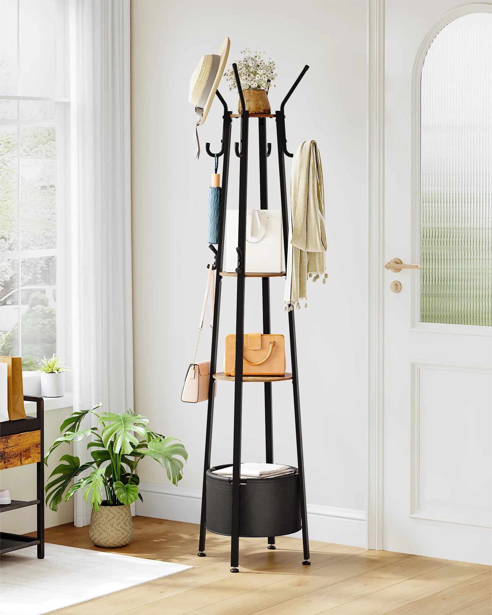 Kapstok met Opbergruimte en Mand – Staande Kapstok met 3 Planken en 16 Haken – Industrieel Design voor Hal en Slaapkamer