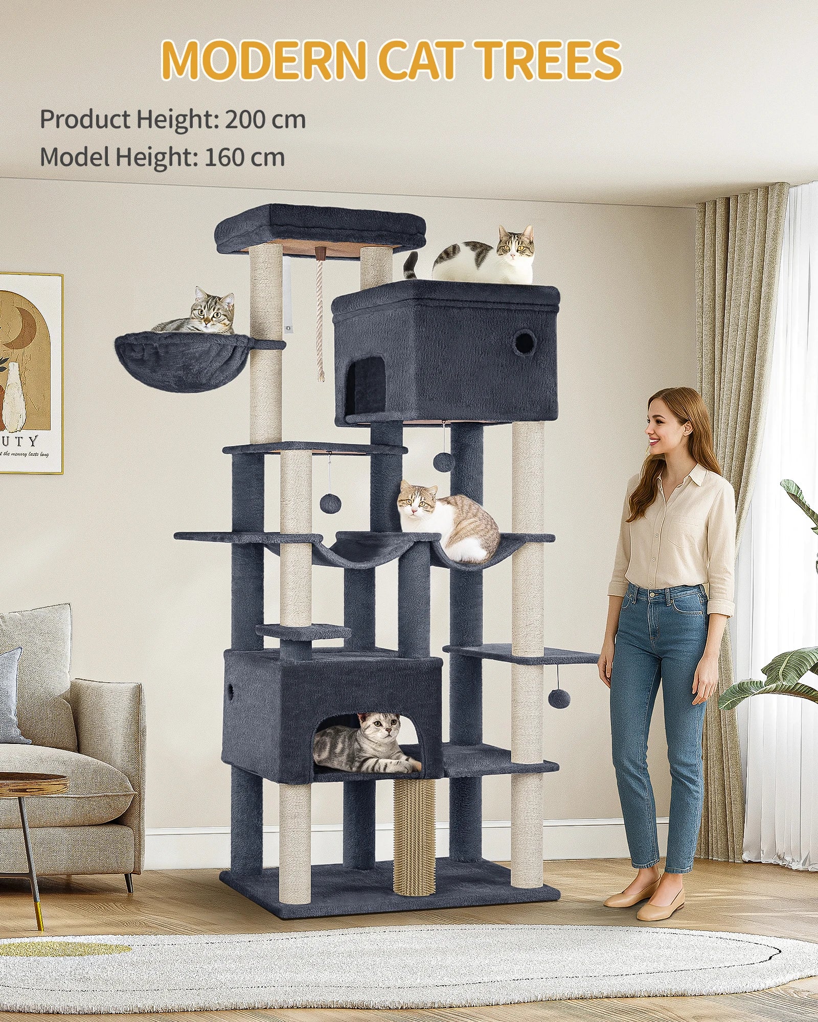 Grote Krabpaal voor Katten XXL – 200 cm Kattenboom met 10 Sisalpalen, 2 Huisjes, Hangmatten & Platform – Voor Grote Katten
