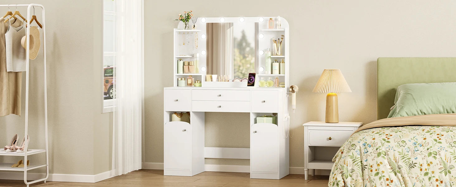 Kaptafel met LED Verlichting en Spiegel – Moderne Make-up Tafel met Stopcontact, USB, Lade & Sieraden Opbergruimte – Wit