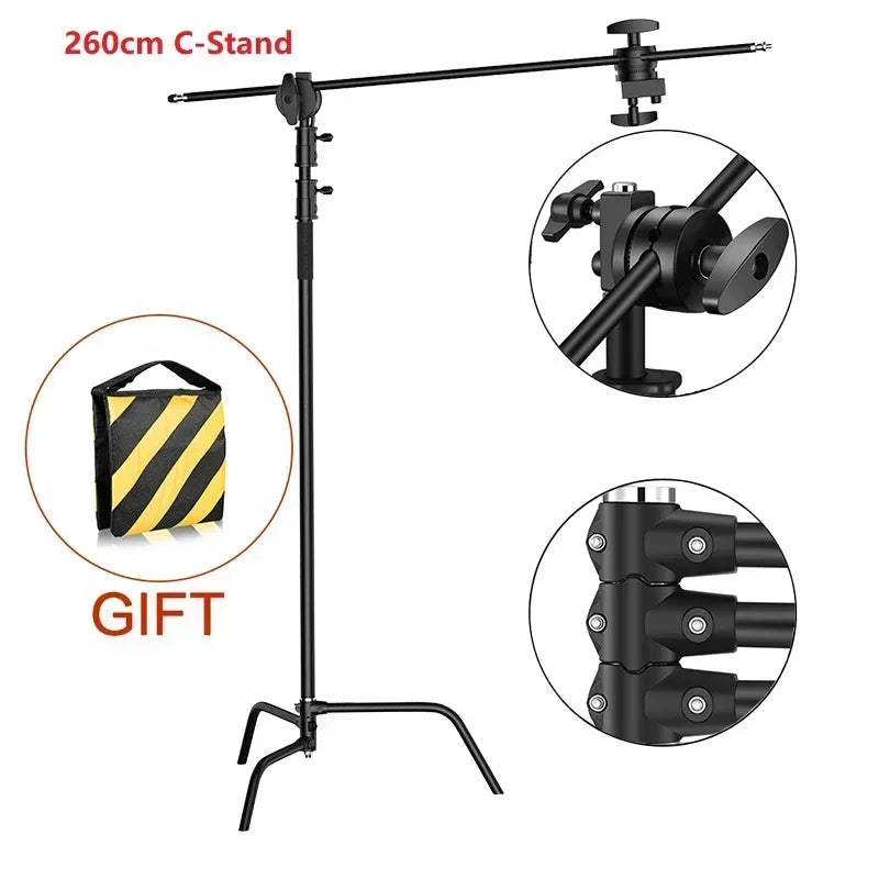 Heavy Duty C-Stand Lichtstatief 2,6M / 3,3M – RVS Fotografie Statief voor Studio, Camera, Softbox en LED Lamp