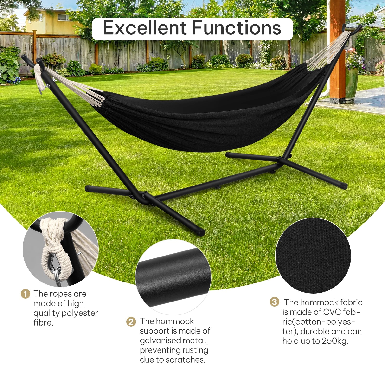 Hangmat met Standaard 280x106x100 cm – Metalen Frame – Inclusief Draagtas – Belastbaar tot 250 kg – Voor Binnen & Buiten