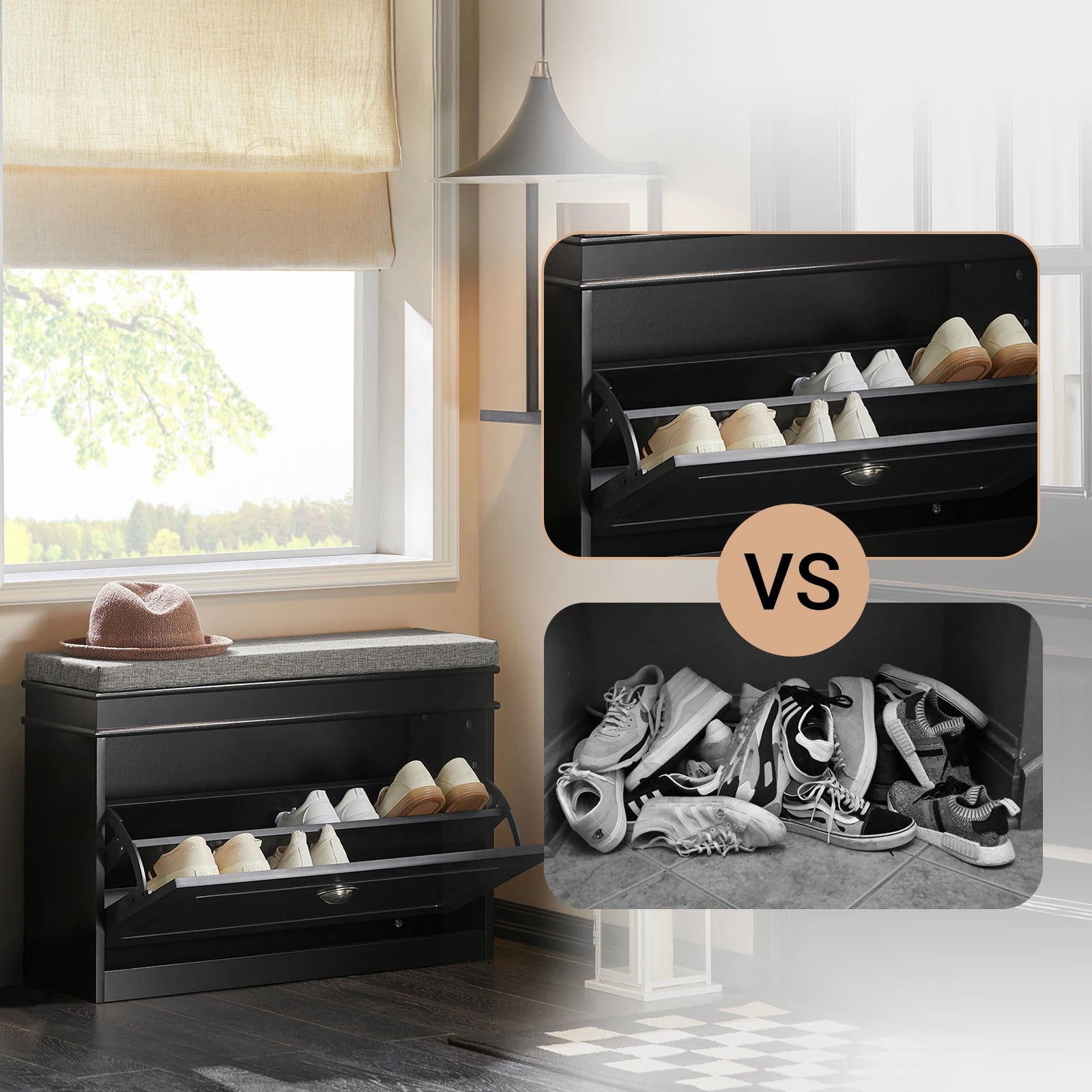 Schoenenbank met opbergruimte en kussen – compact en comfortabel