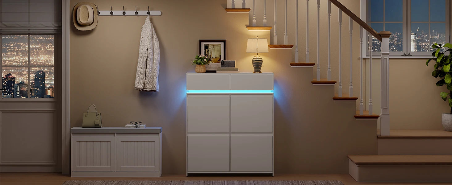 Schoenenkast Smal met LED Verlichting – Schoenenrek met 4 Kleppen & Lades – Ruimte voor 20 Paar – Modern Wit Halmeubel