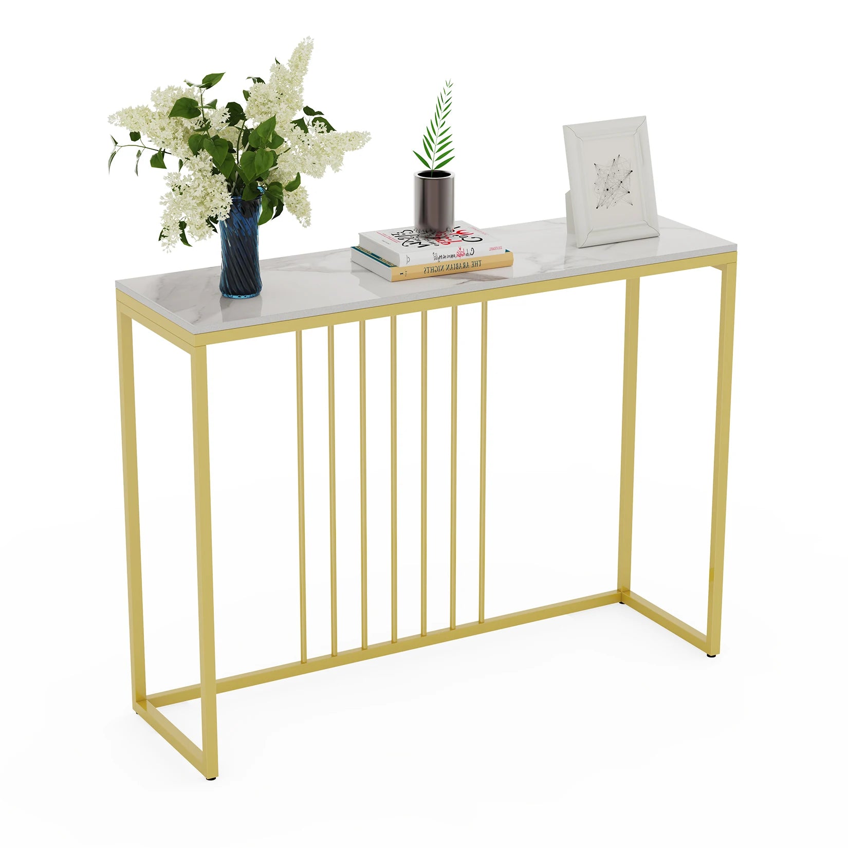 Moderne Marmeren Sidetable met Goud Frame – Smalle Console Tafel voor Hal, Entree en Woonkamer