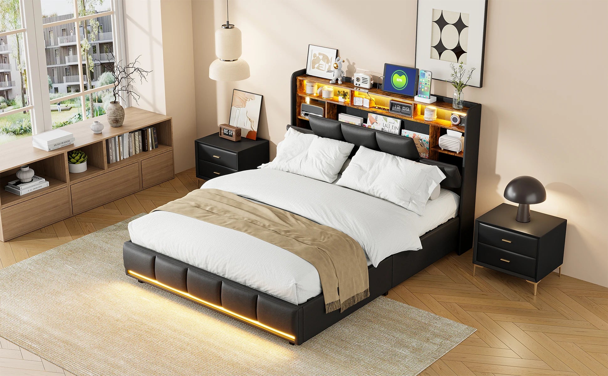 Gestoffeerd Tweepersoonsbed 140x200 cm met LED‑verlichting, USB‑Oplaadpoort en Hydraulische Opbergruimte