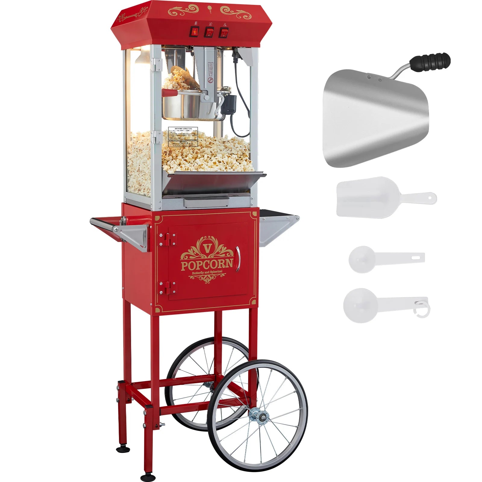 Professionele Popcornmaker met Kar – 8oz Ketel, 4 Schepjes – Commerciële Popcornmachine voor Evenementen en Kermissen