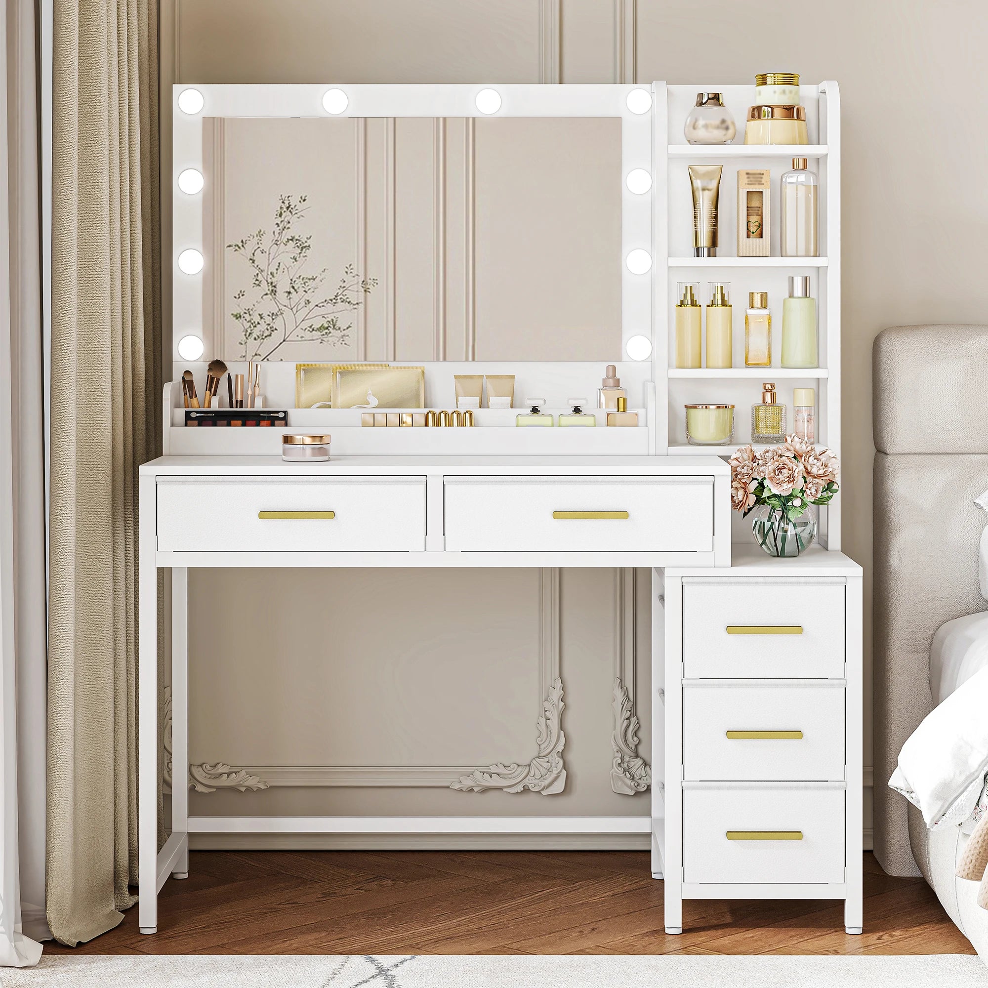 Moderne Make‑up Dressing Table met Grote Spiegel en 5 Laden – Stijlvolle Opbergoplossing