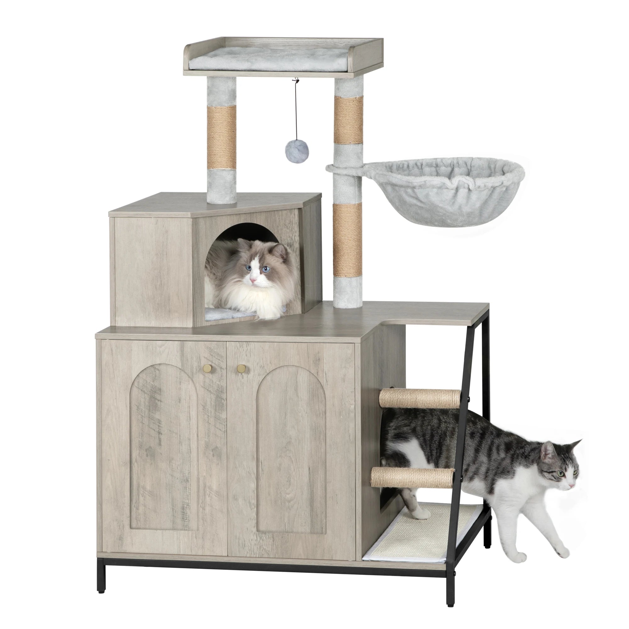 Kattenmeubel met Kattenbak Kast – 4-in-1 Kattenboom met Krabpaal, Platform en Kattenhuis – Modern Design met Sisal Krabmat