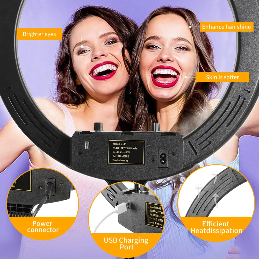 Dimbare 18 Inch RGB Selfie Ringlamp met Tripod en Telefoonhouder – Make-up, YouTube en Fotografie Studio Verlichting