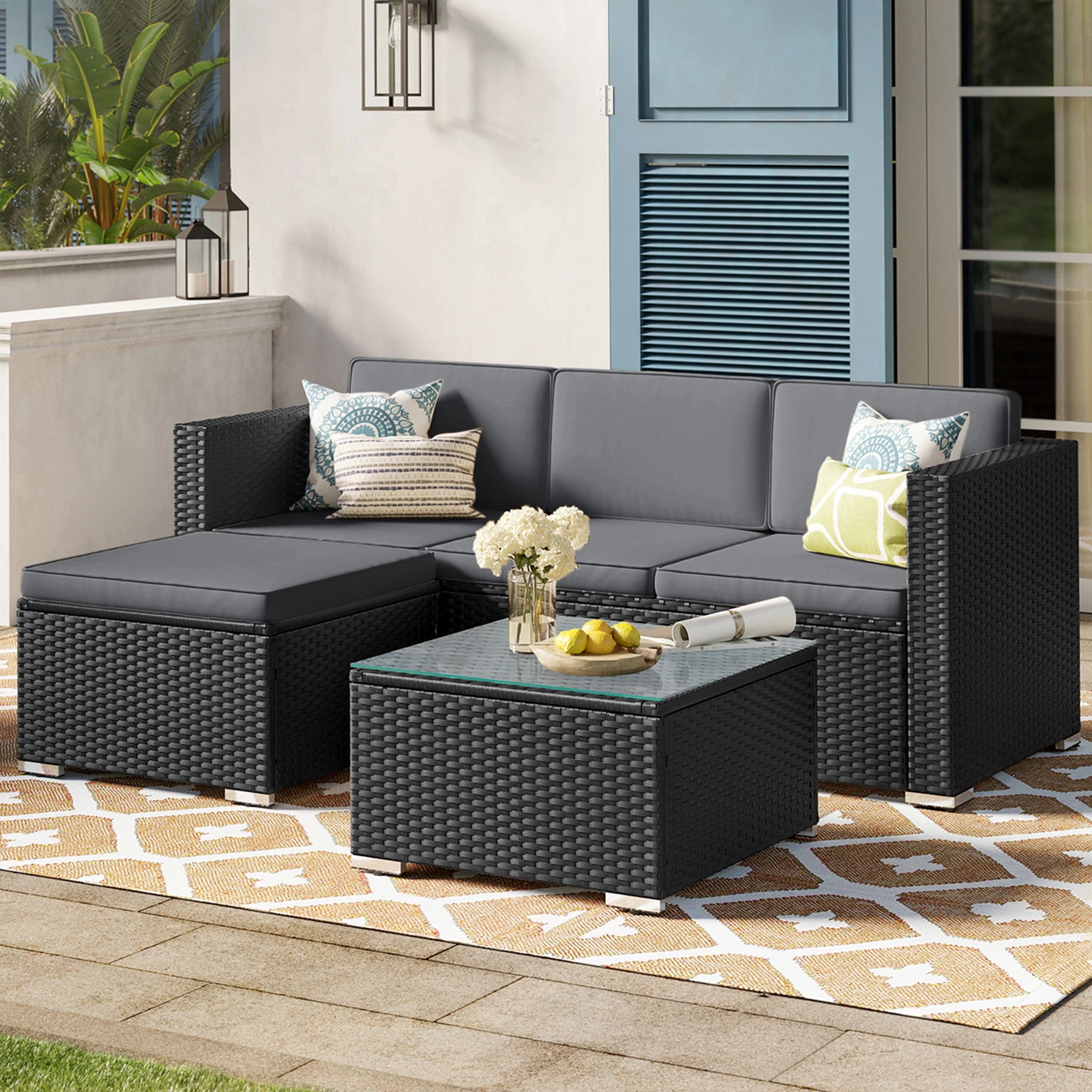 5-Delige Rotan Loungeset met Hoekbank, Voetenbank & Salontafel – Inclusief 7 Kussens – Tuinset voor Terras, Balkon & Tuin